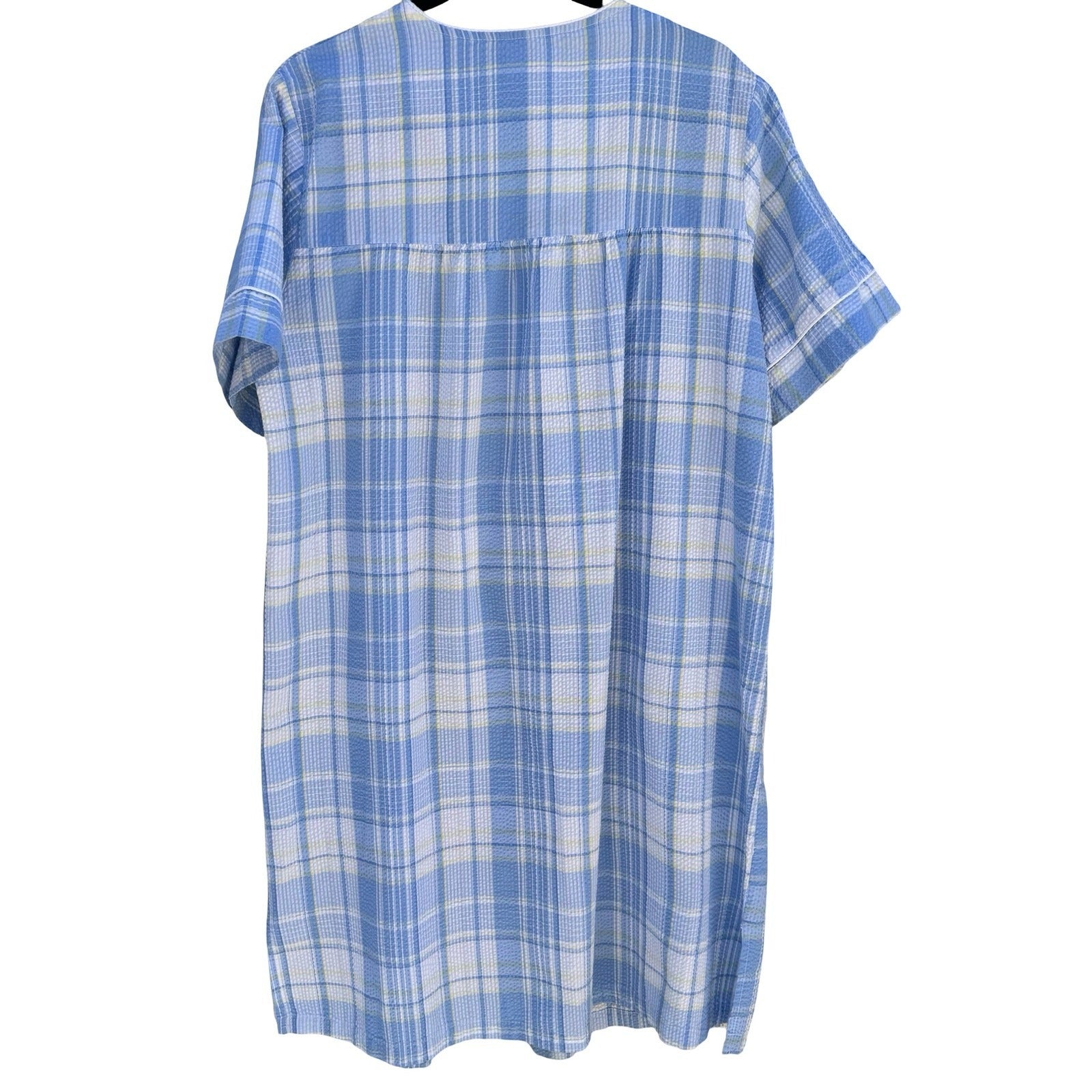 Miss Elaine Blue Plaid Seersucker Snap Front Duster House Dress Floral L Cottage