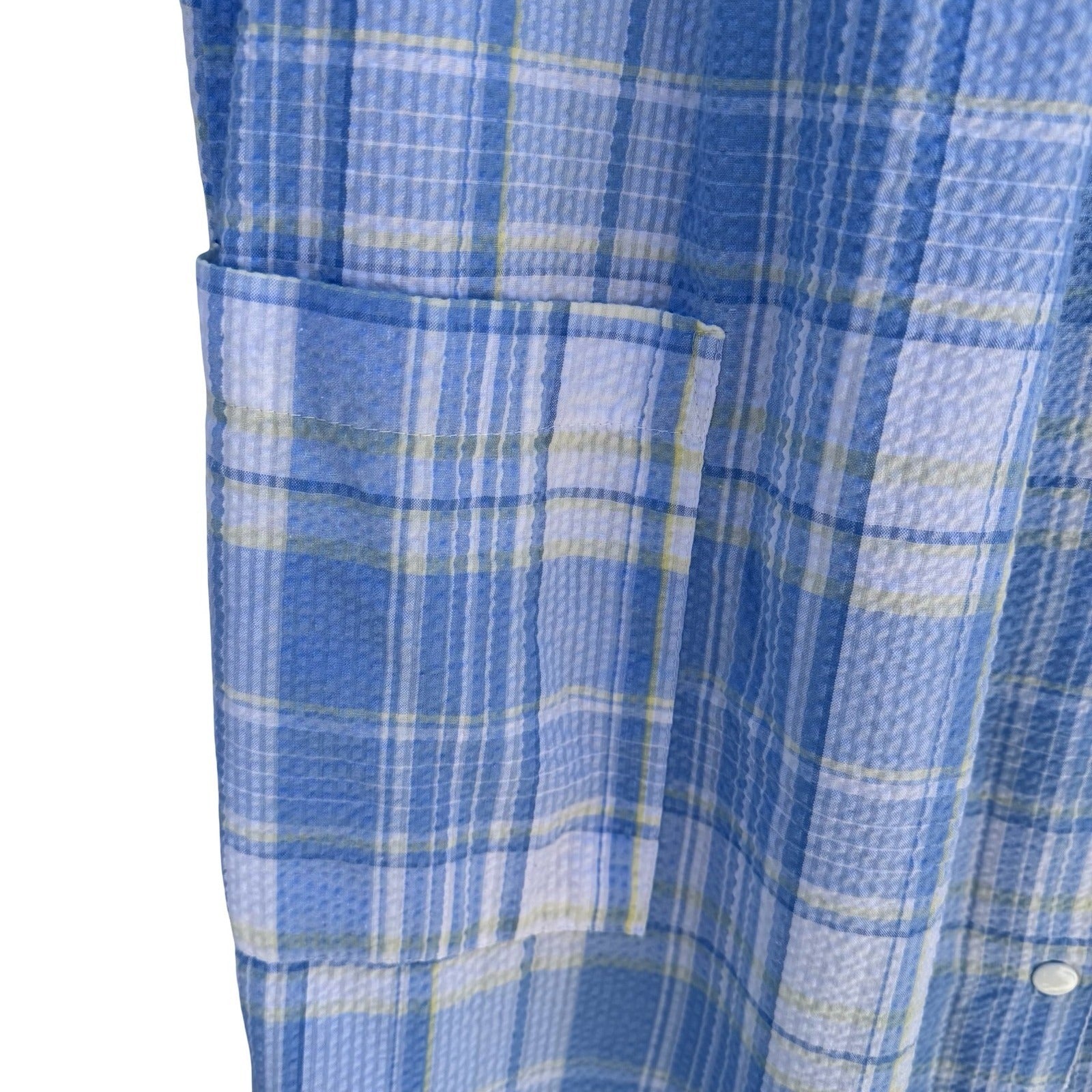 Miss Elaine Blue Plaid Seersucker Snap Front Duster House Dress Floral L Cottage