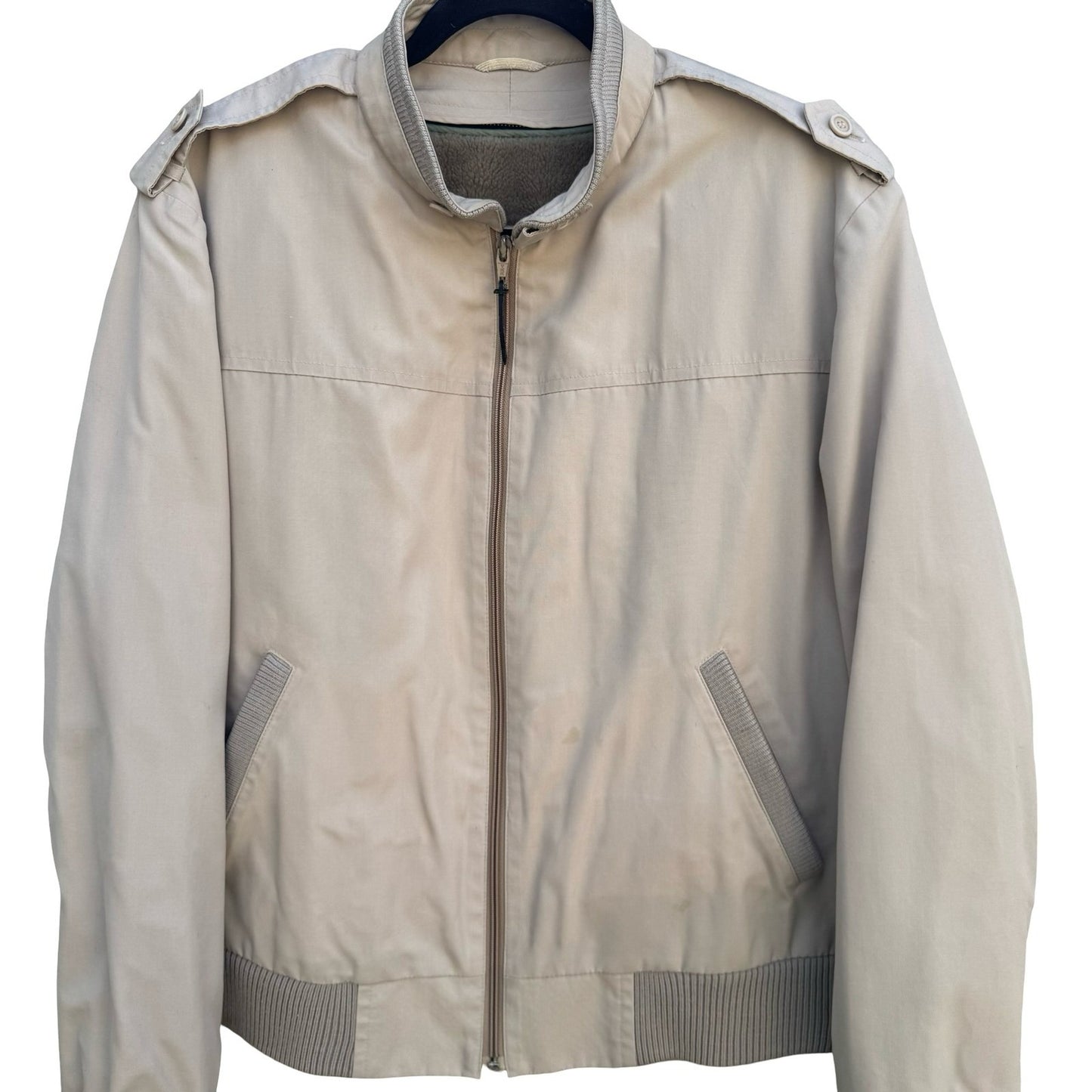 London Fog Vintage 80s Harrington Jacket Tan Beige Full Zip Epaulets Mens 42 Reg