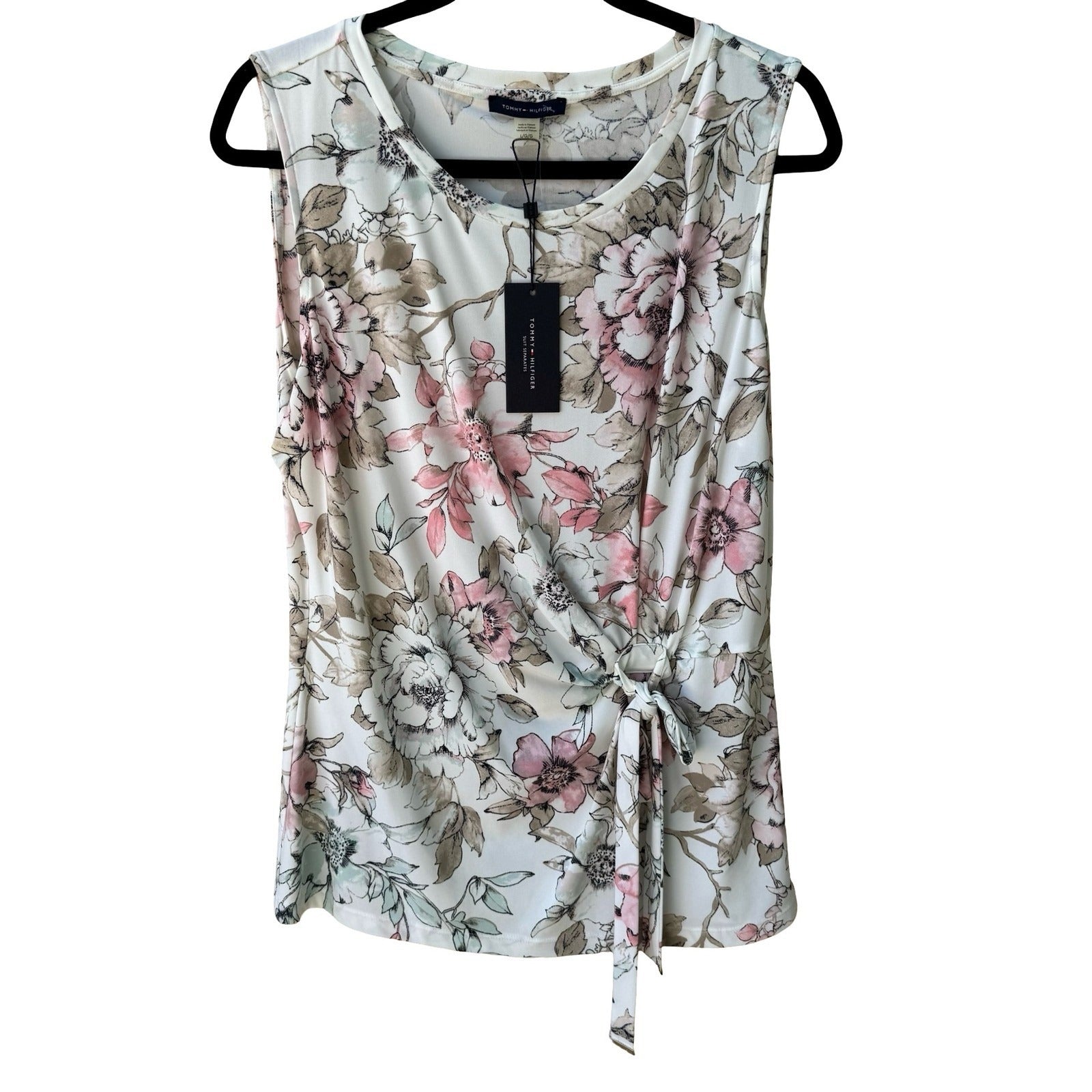 Tommy Hilfiger Shabby Chic Floral Sleeveless Tie Blouse White Pink Womens L NEW