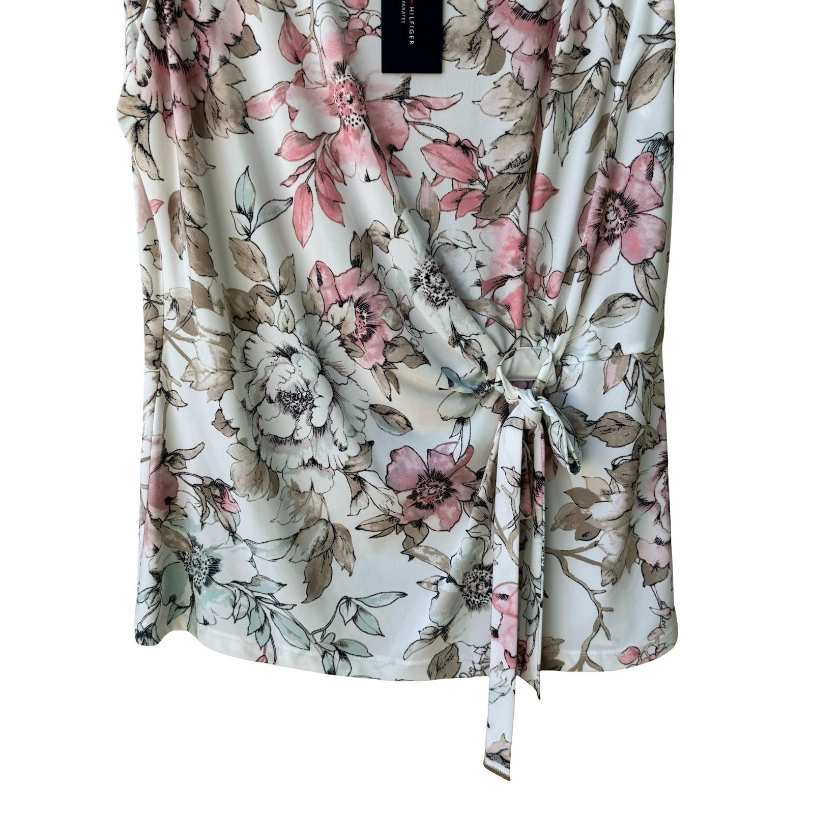 Tommy Hilfiger Shabby Chic Floral Sleeveless Tie Blouse White Pink Womens L NEW