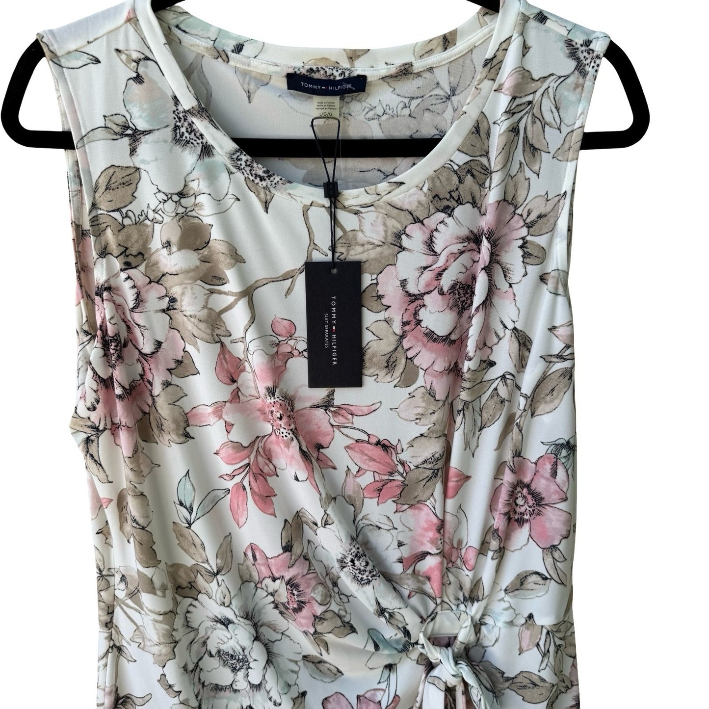 Tommy Hilfiger Shabby Chic Floral Sleeveless Tie Blouse White Pink Womens L NEW