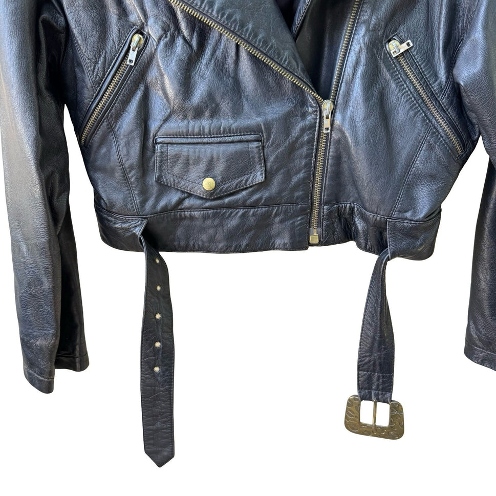 Marc Laurent Vintage 80s Belted Rocker Grunge Biker Moto Leather Jacket Black M