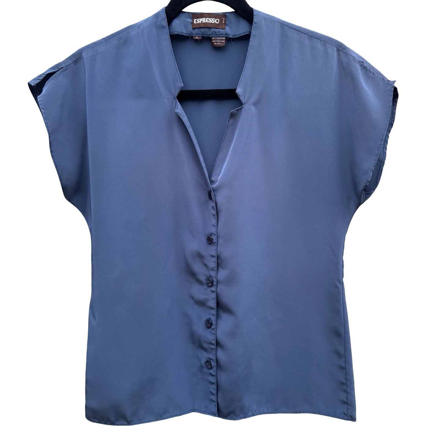 Espresso Vintage Slate Blue Satin Button Front Blouse Split Neck Short Sleeve 6