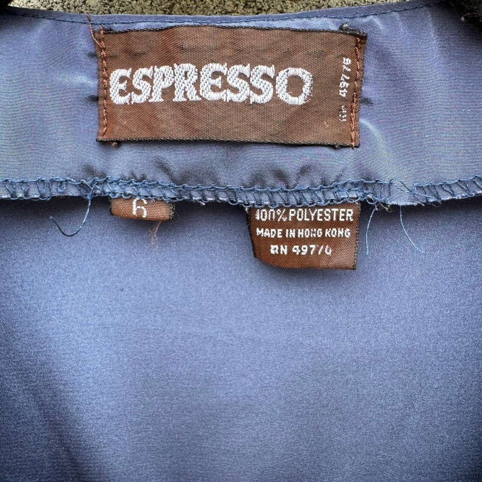Espresso Vintage Slate Blue Satin Button Front Blouse Split Neck Short Sleeve 6
