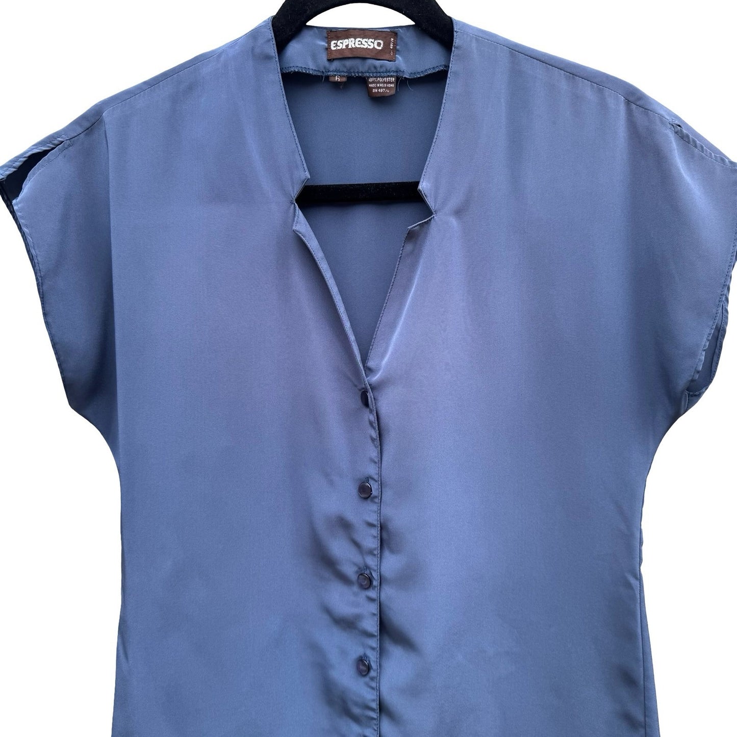 Espresso Vintage Slate Blue Satin Button Front Blouse Split Neck Short Sleeve 6
