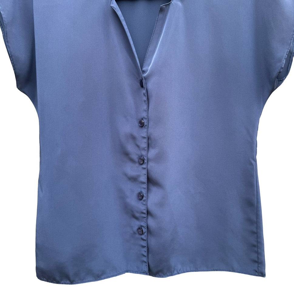 Espresso Vintage Slate Blue Satin Button Front Blouse Split Neck Short Sleeve 6