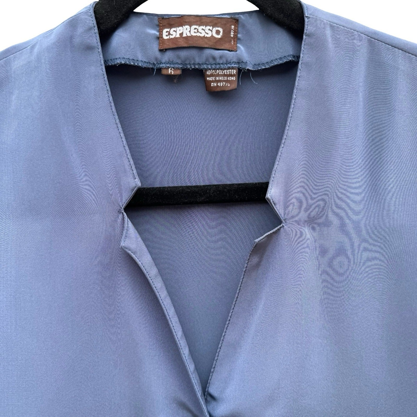 Espresso Vintage Slate Blue Satin Button Front Blouse Split Neck Short Sleeve 6