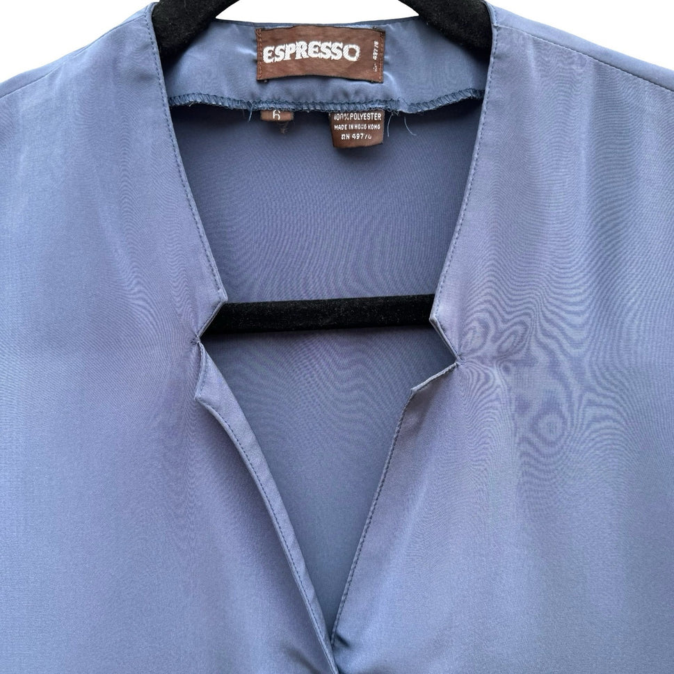 Espresso Vintage Slate Blue Satin Button Front Blouse Split Neck Short Sleeve 6