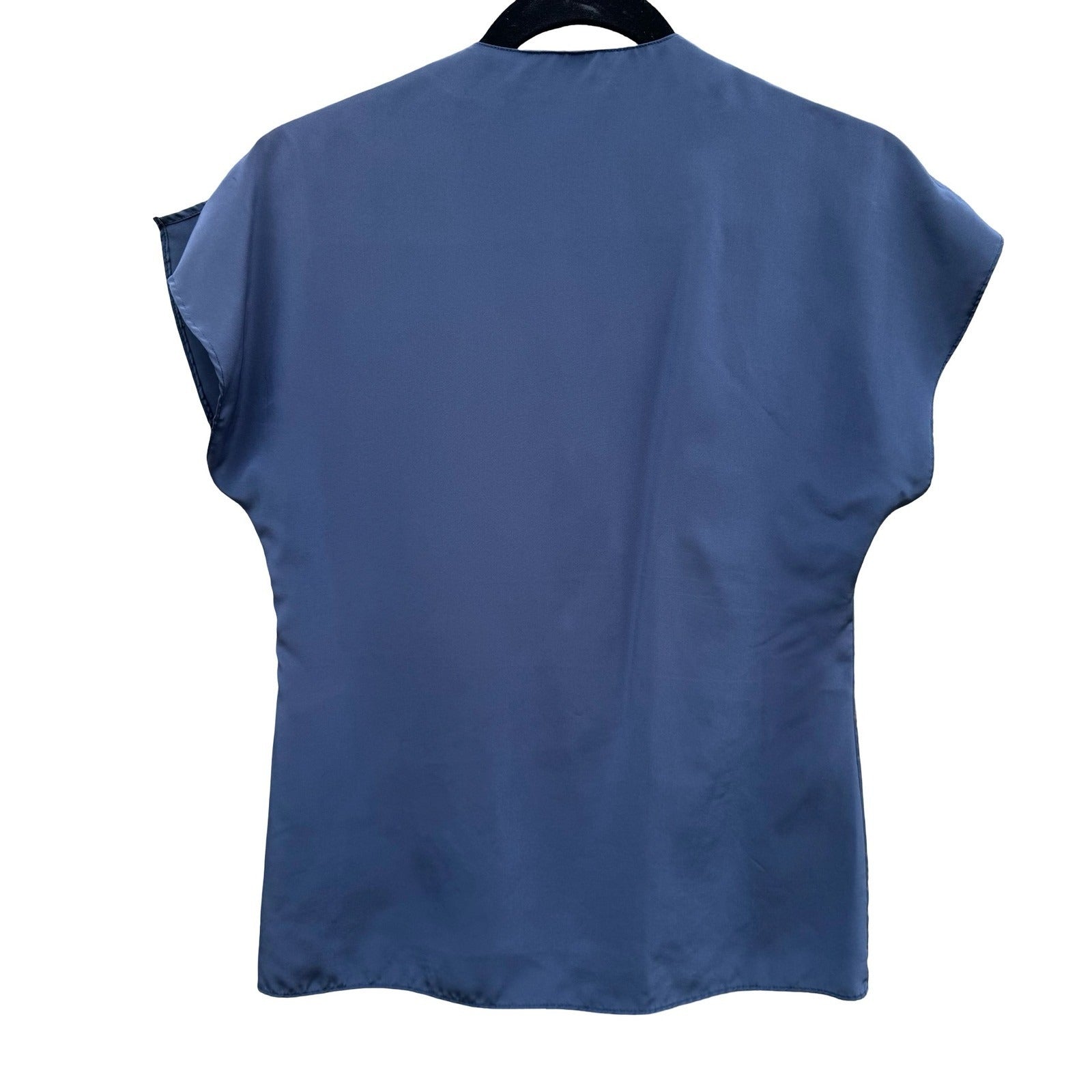 Espresso Vintage Slate Blue Satin Button Front Blouse Split Neck Short Sleeve 6