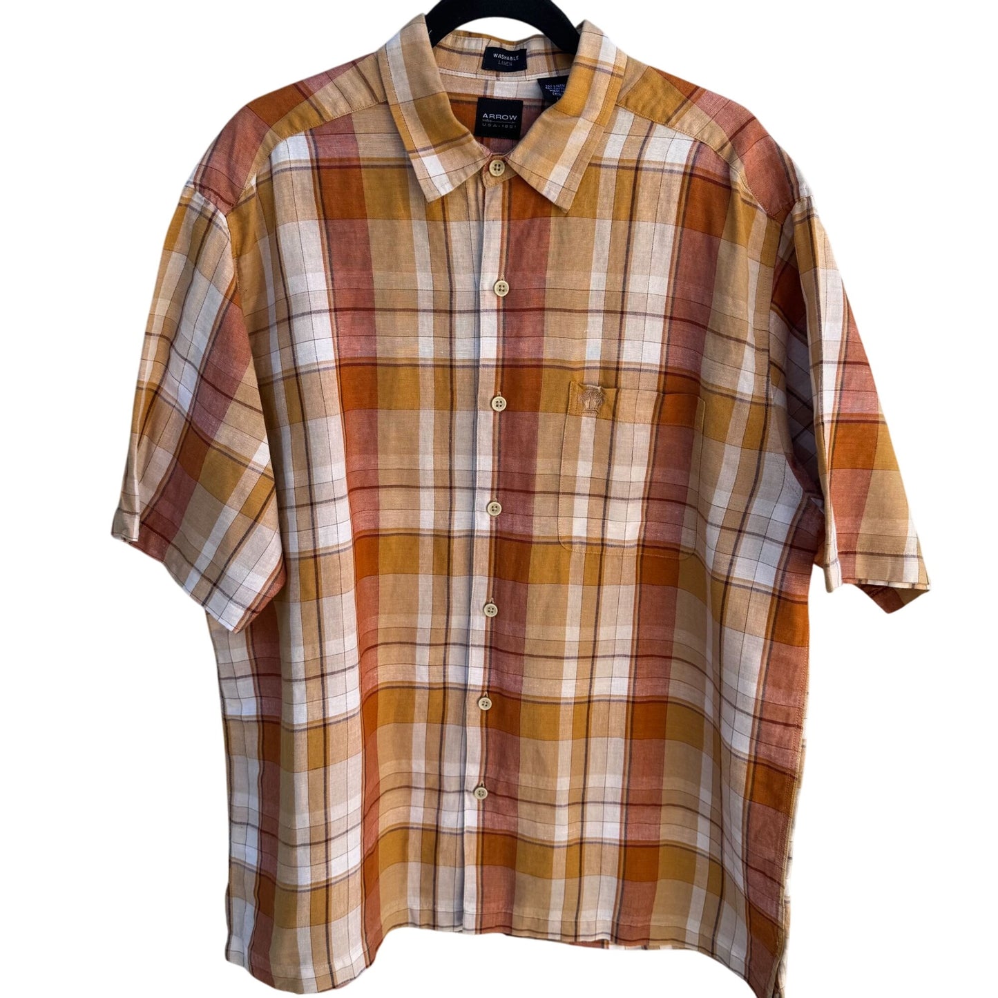 Arrow Mens Orange Plaid Linen Cotton Short Sleeve Button-Up Short Sleeve Shirt L