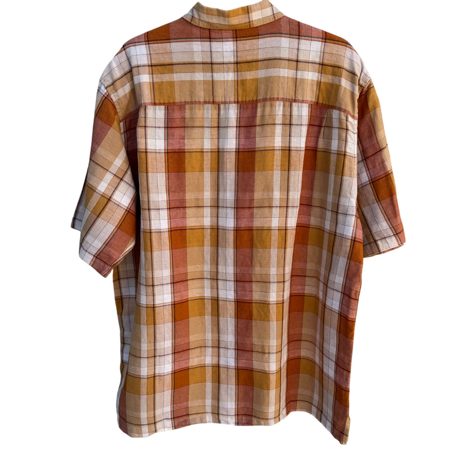 Arrow Mens Orange Plaid Linen Cotton Short Sleeve Button-Up Short Sleeve Shirt L