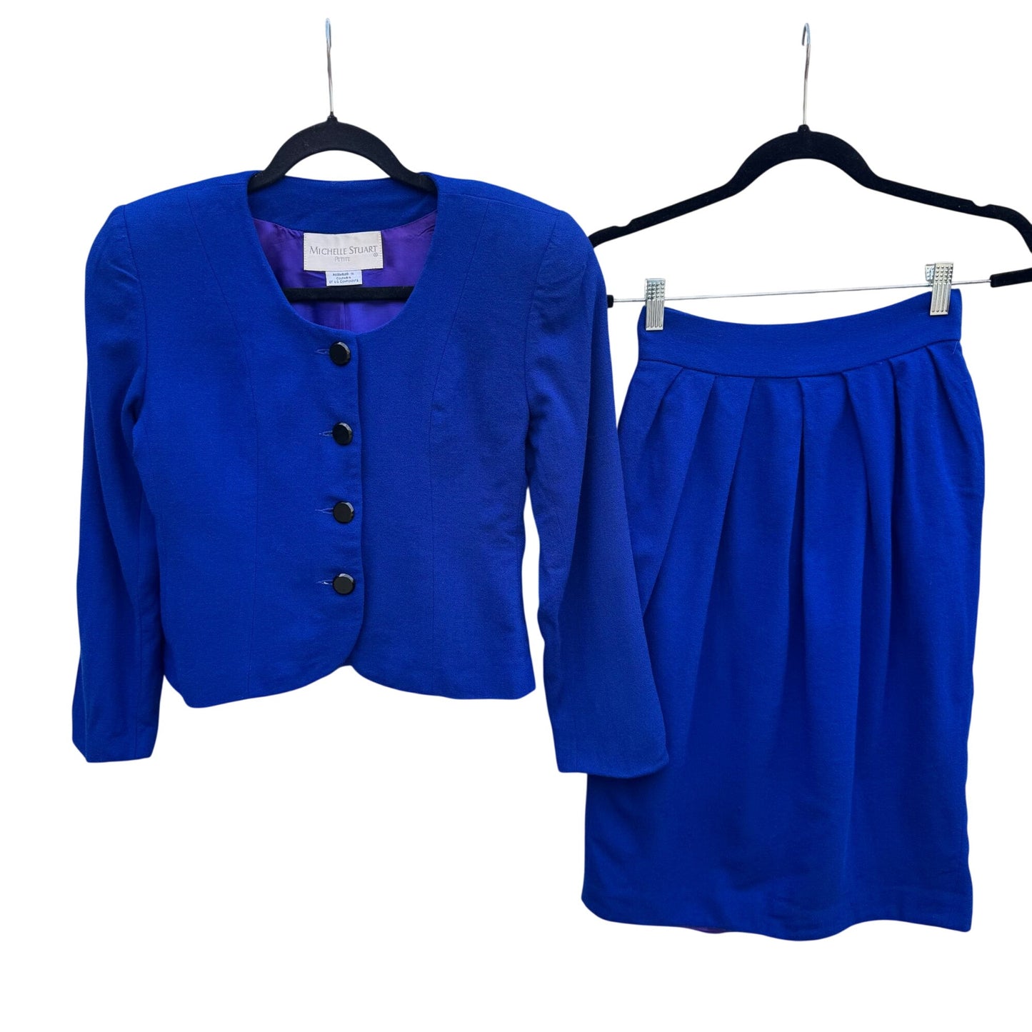 Michelle Stuart Petite Vintage Wool Royal Blue Blazer Pleated Skirt Set Womens 4