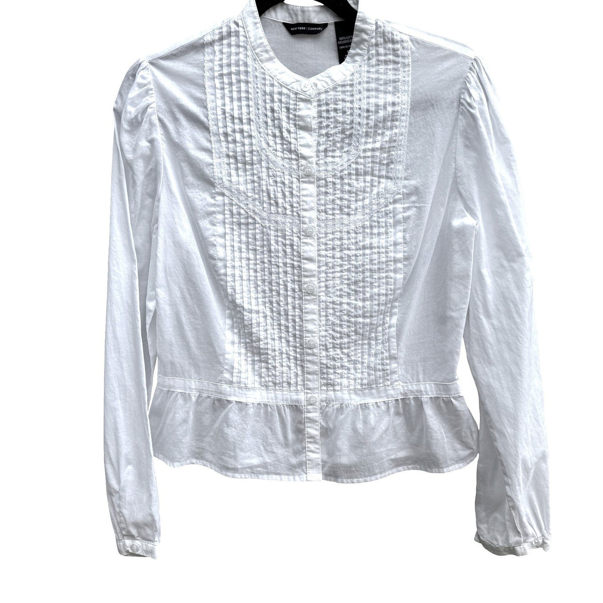New York & Company Cottagecore Coquette Pintuck Lace Peplum Victorian Blouse M