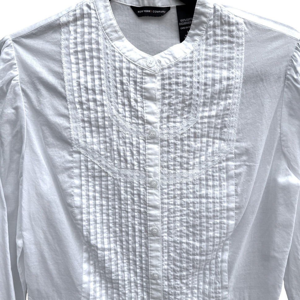 New York & Company Cottagecore Coquette Pintuck Lace Peplum Victorian Blouse M