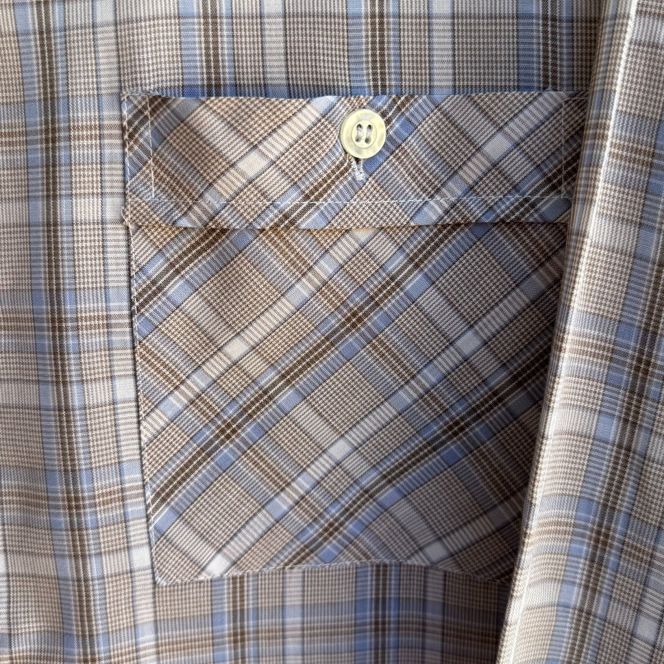 ESM Vintage Mens Band Collar Button-Up Blue Brown Retro Preppy Plaid Shirt M