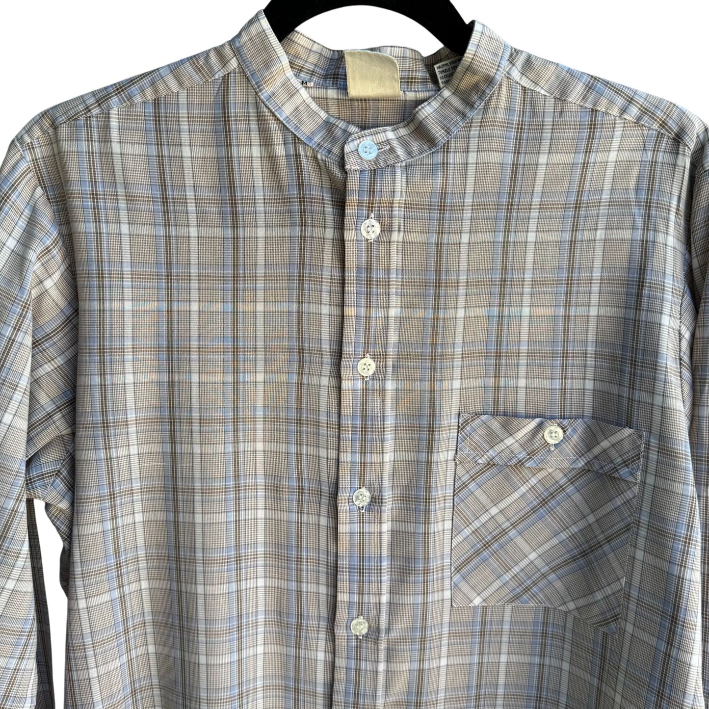 ESM Vintage Mens Band Collar Button-Up Blue Brown Retro Preppy Plaid Shirt M