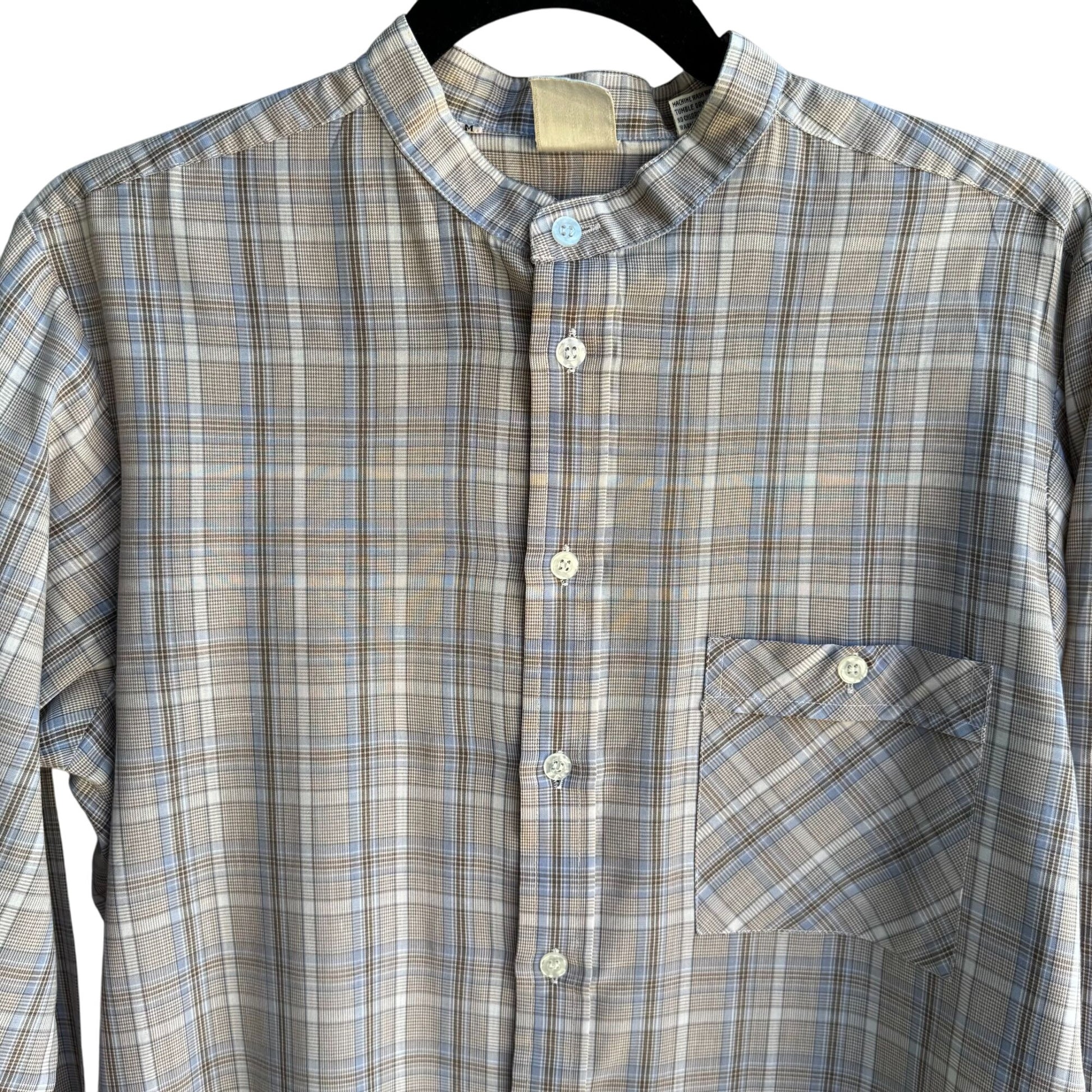 ESM Vintage Mens Band Collar Button-Up Blue Brown Retro Preppy Plaid Shirt M