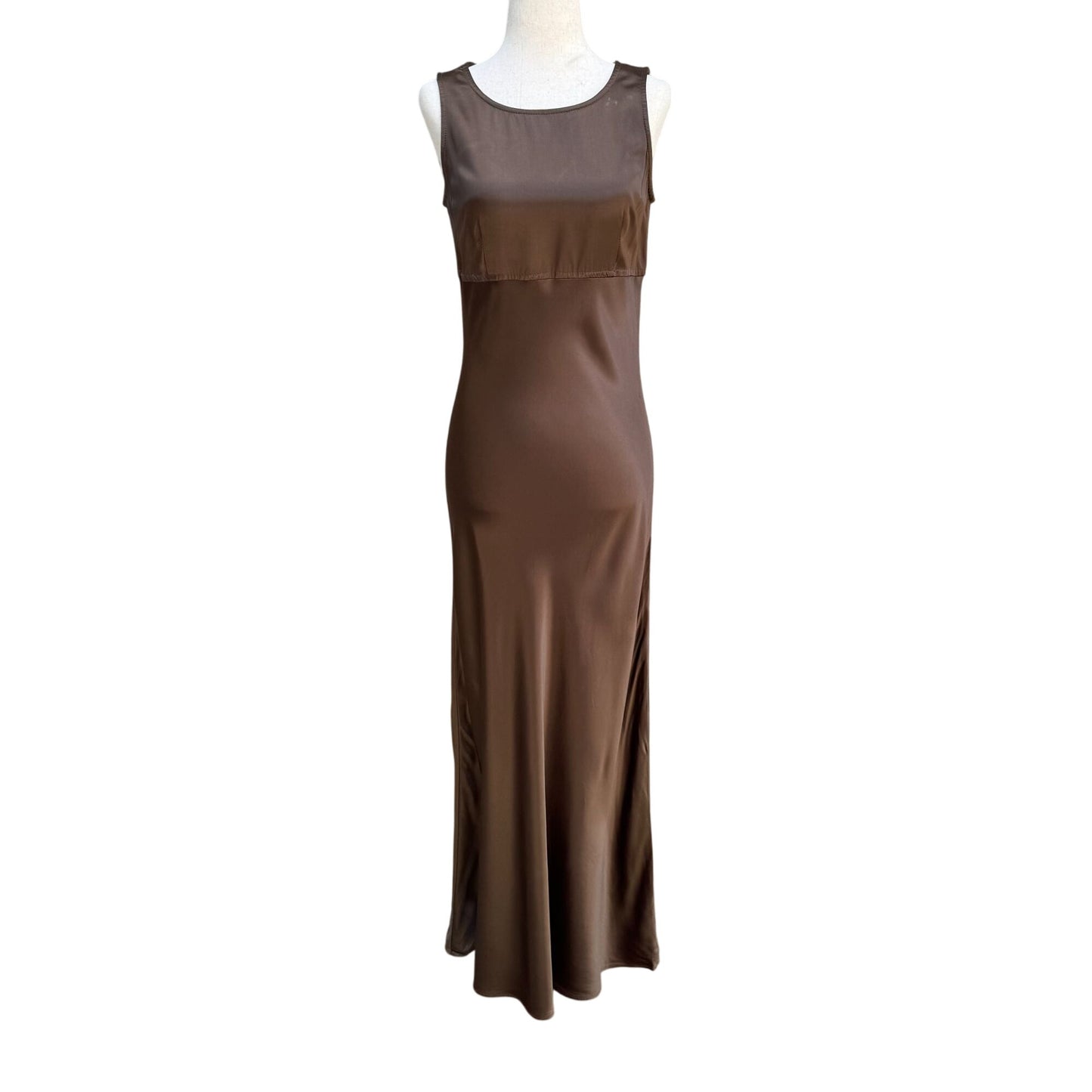 All That Jazz Vintage 90s Sleeveless Brown Satin Goddess Elegant Formal Dress S