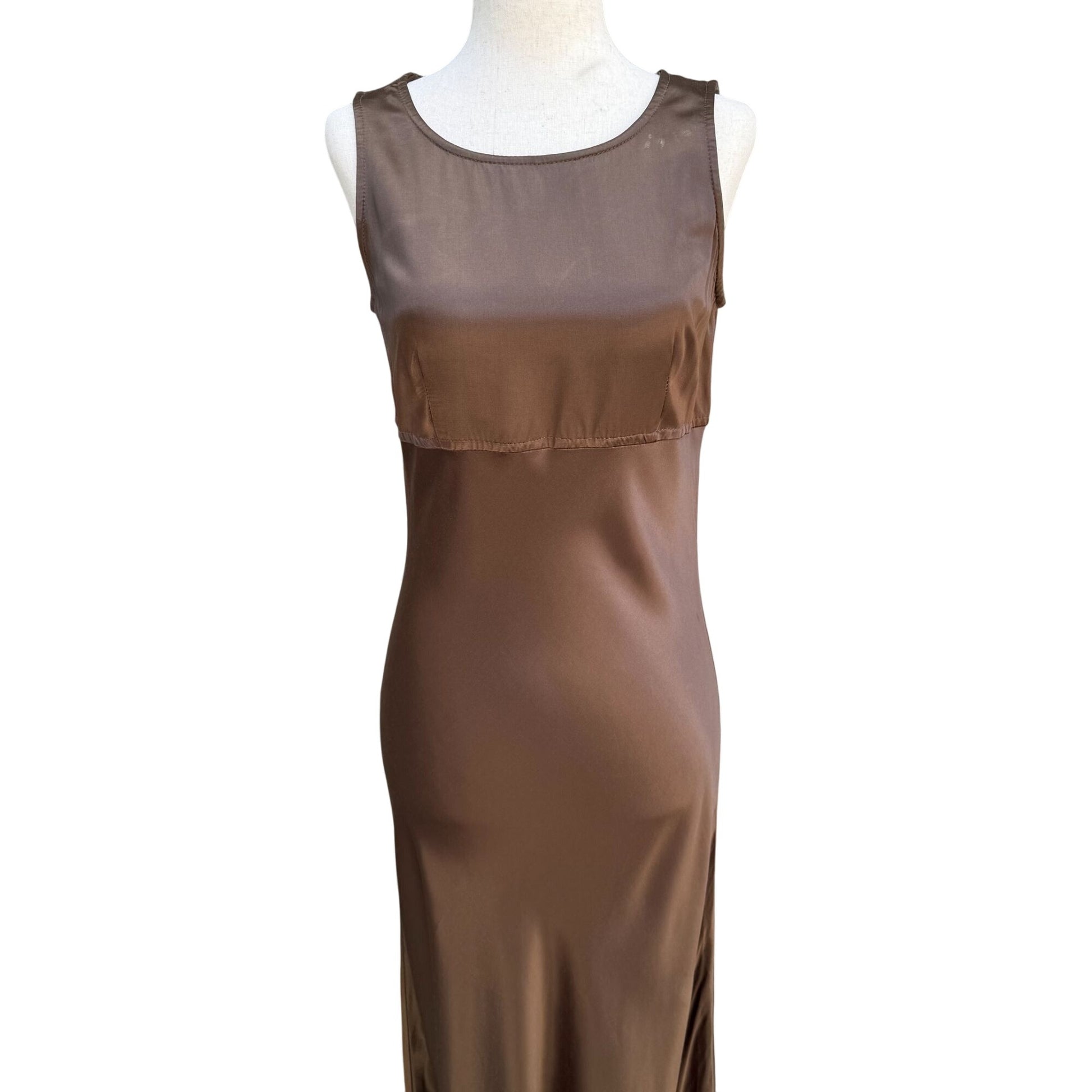 All That Jazz Vintage 90s Sleeveless Brown Satin Goddess Elegant Formal Dress S