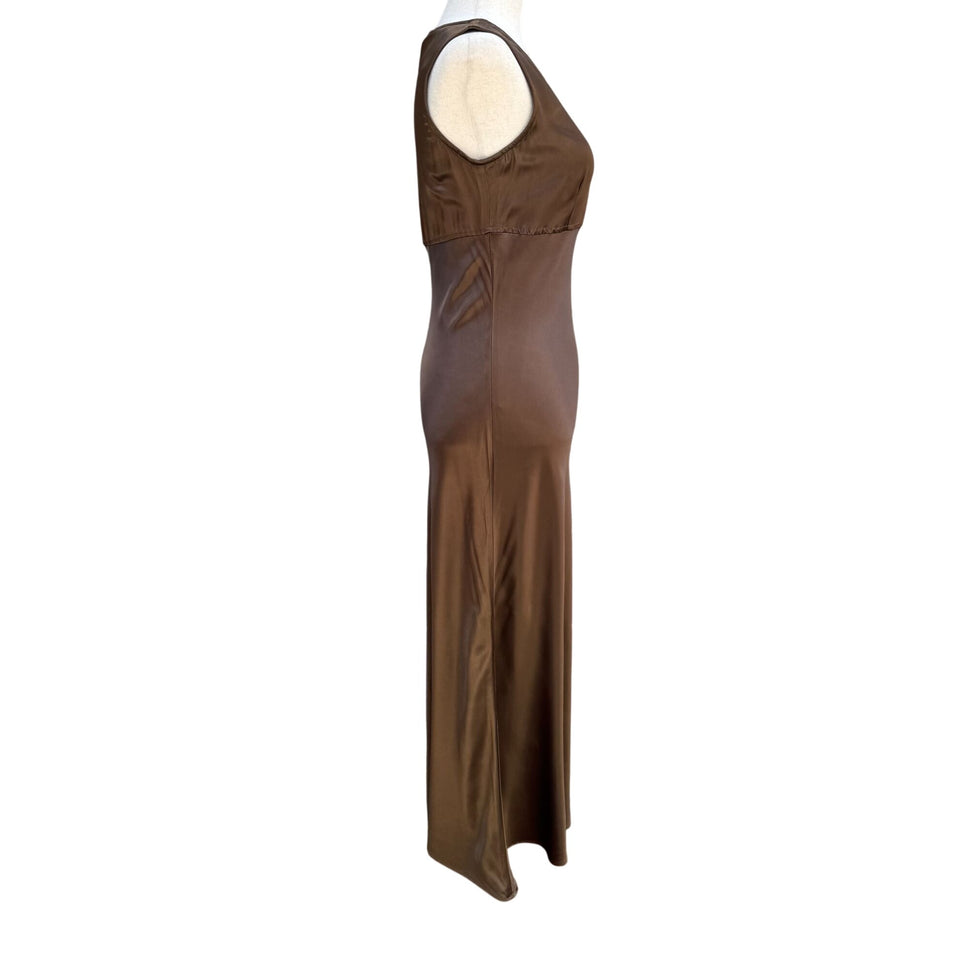 All That Jazz Vintage 90s Sleeveless Brown Satin Goddess Elegant Formal Dress S