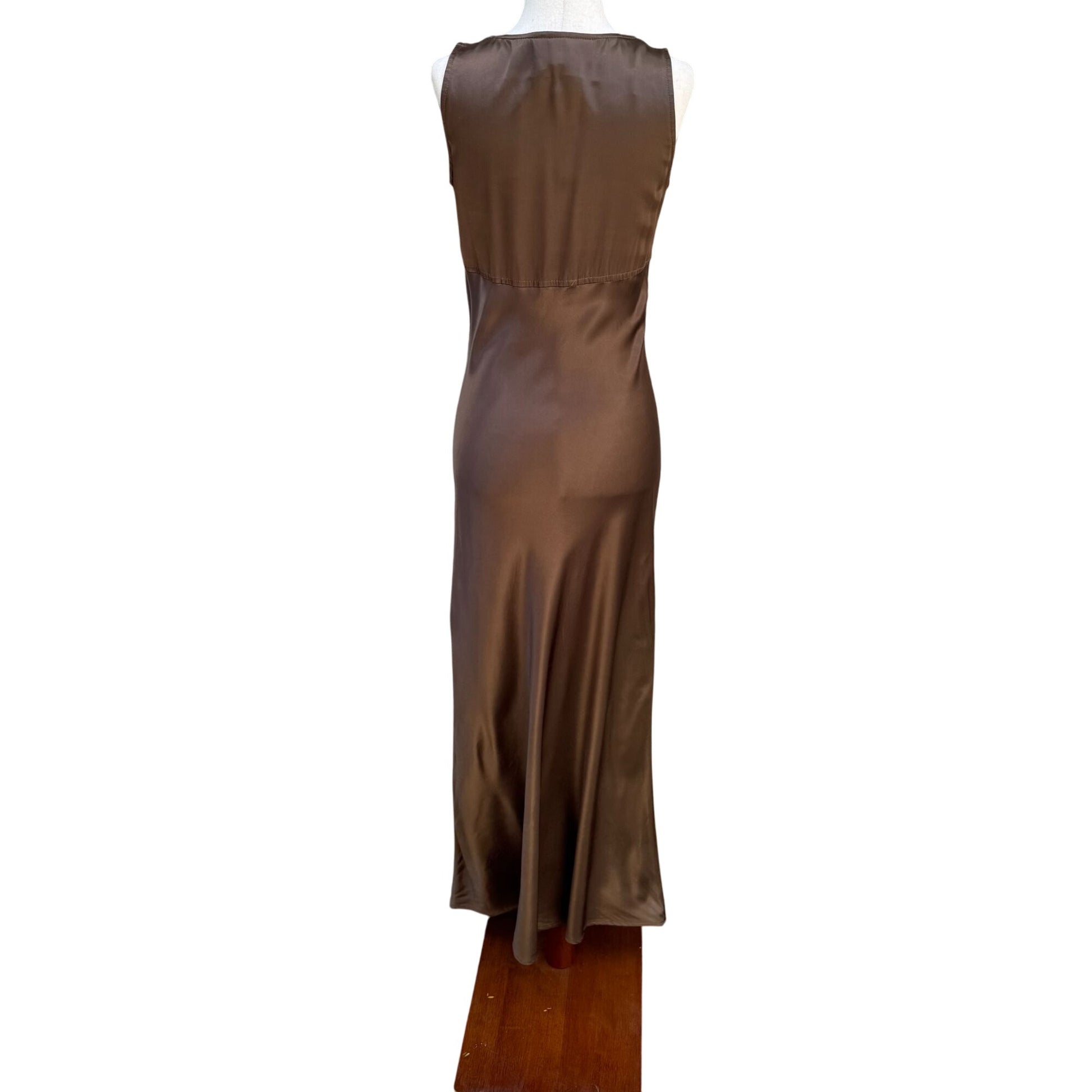 All That Jazz Vintage 90s Sleeveless Brown Satin Goddess Elegant Formal Dress S