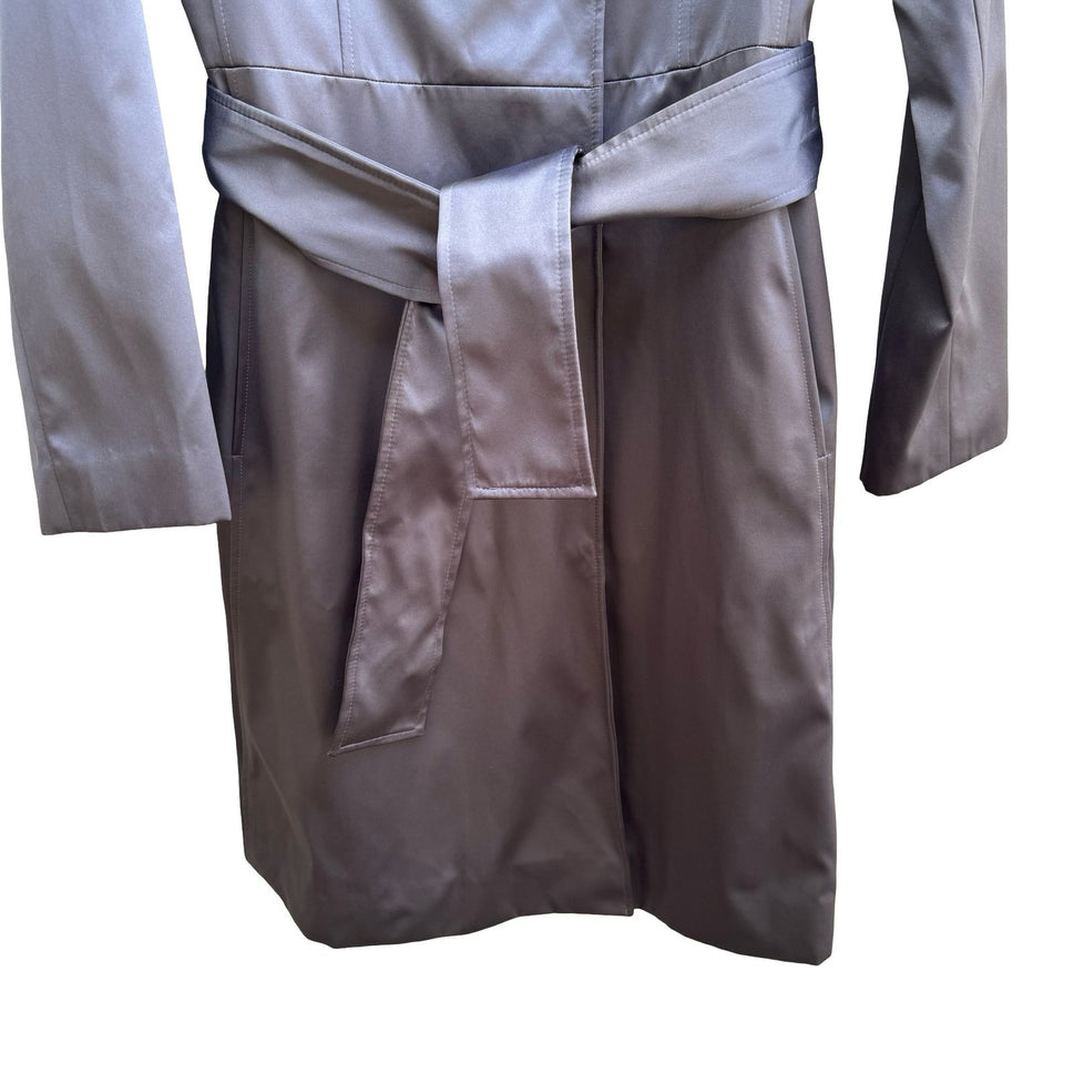 Tahari Minimalist Dark Academia Satin Finish Double Breasted Trench Coat Grey XS