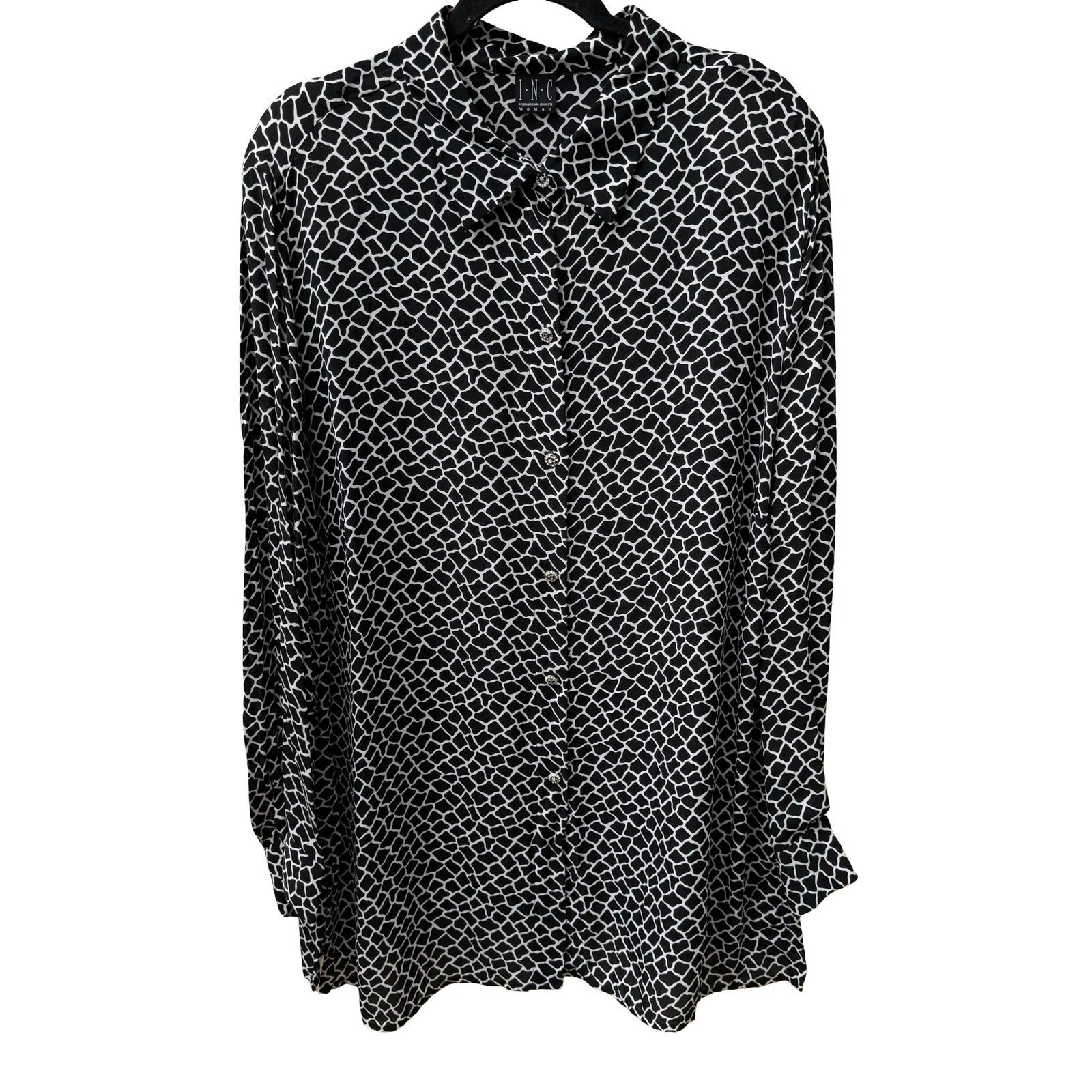INC International Concept Y2K Mob Wife Giraffe Print Rhinestone Button Blouse 1X