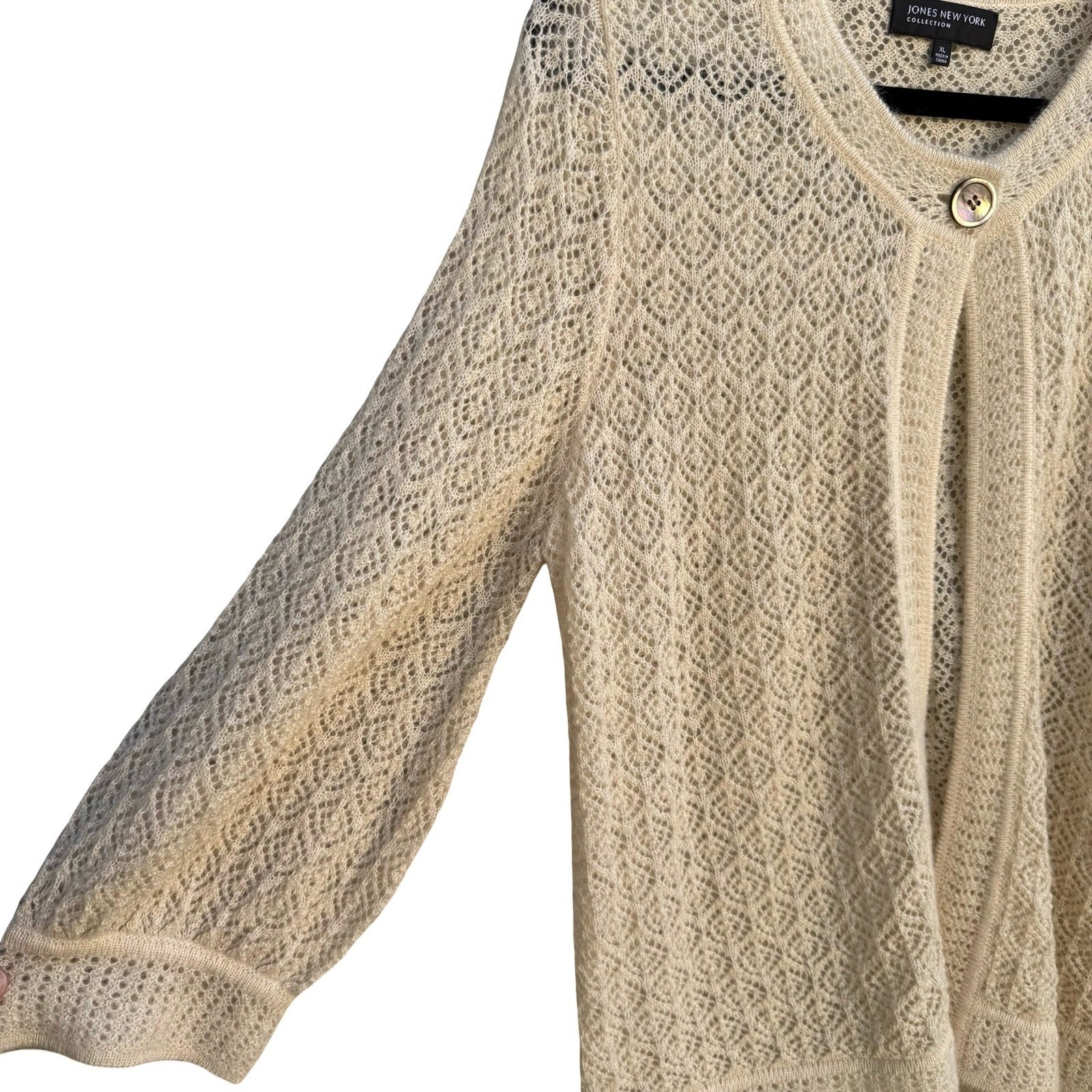 Jones New York Collection Claremont Mohair Blend Pointelle Cardigan XL Cream NEW