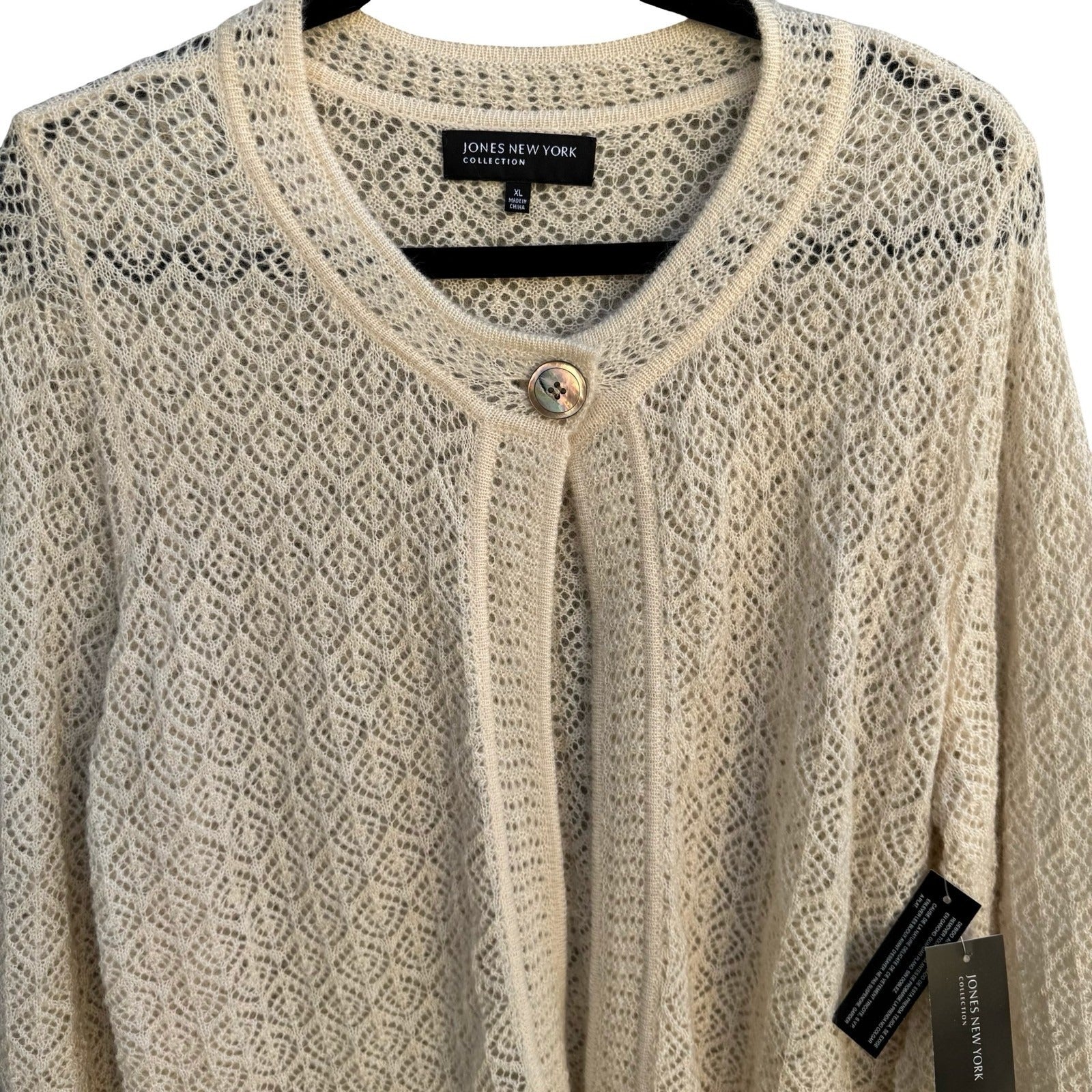 Jones New York Collection Claremont Mohair Blend Pointelle Cardigan XL Cream NEW