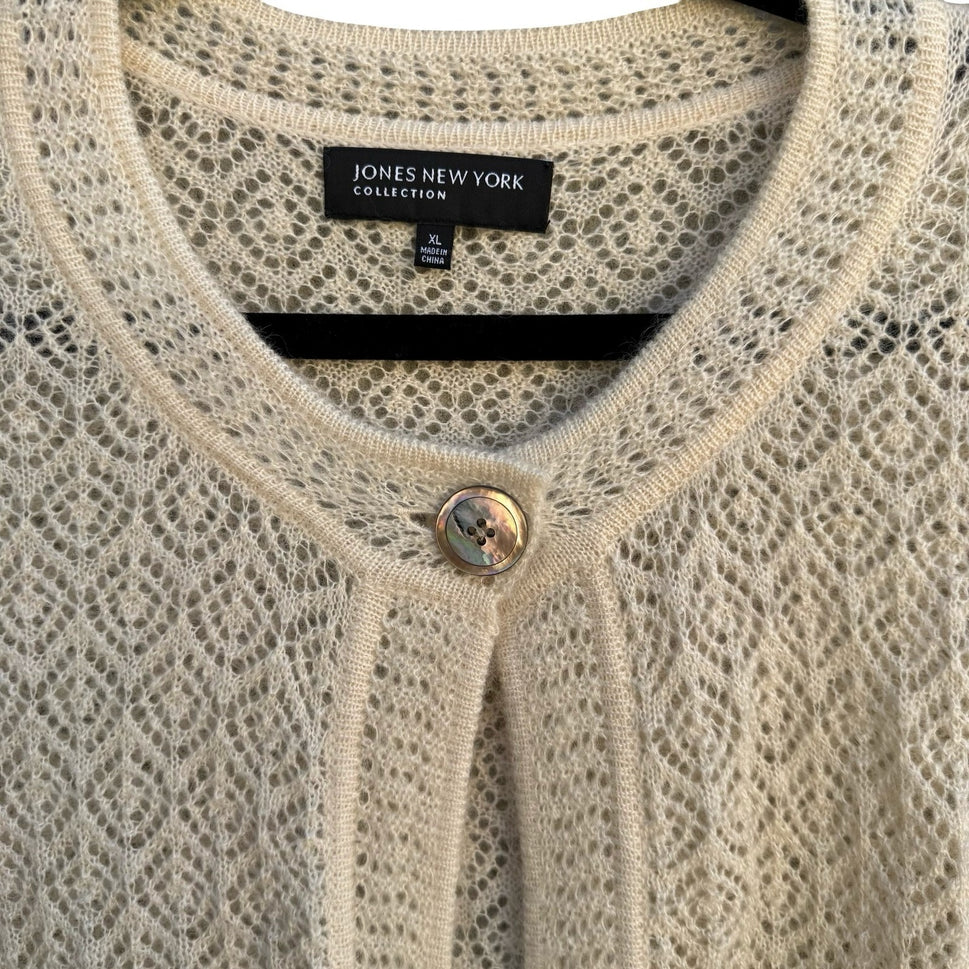 Jones New York Collection Claremont Mohair Blend Pointelle Cardigan XL Cream NEW