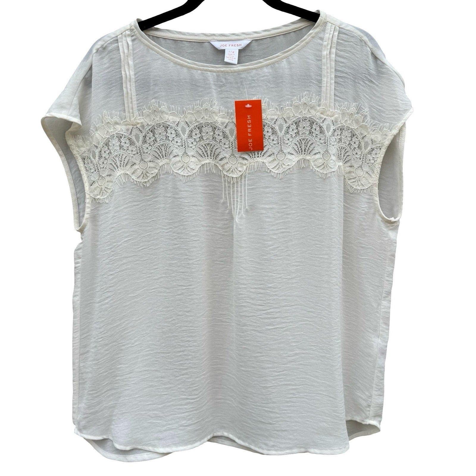 Joe Fresh Cream Lace Overlay Cap Sleeve Coquette Blouse Large Romantic Boho NEW