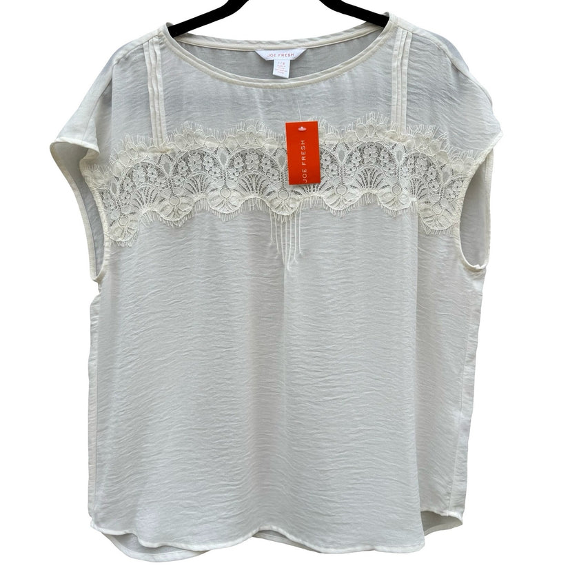 Joe Fresh Cream Lace Overlay Cap Sleeve Coquette Blouse Large Romantic Boho NEW