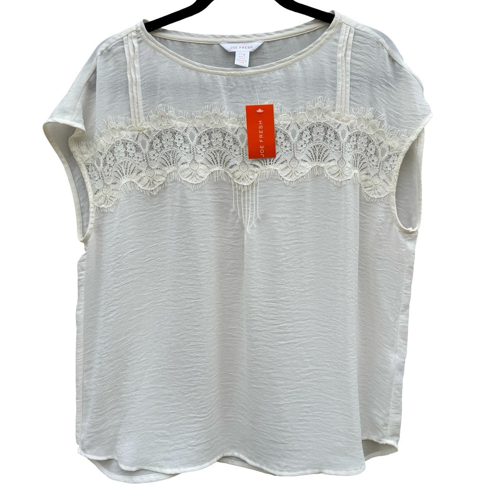 Joe Fresh Cream Lace Overlay Cap Sleeve Coquette Blouse Large Romantic Boho NEW