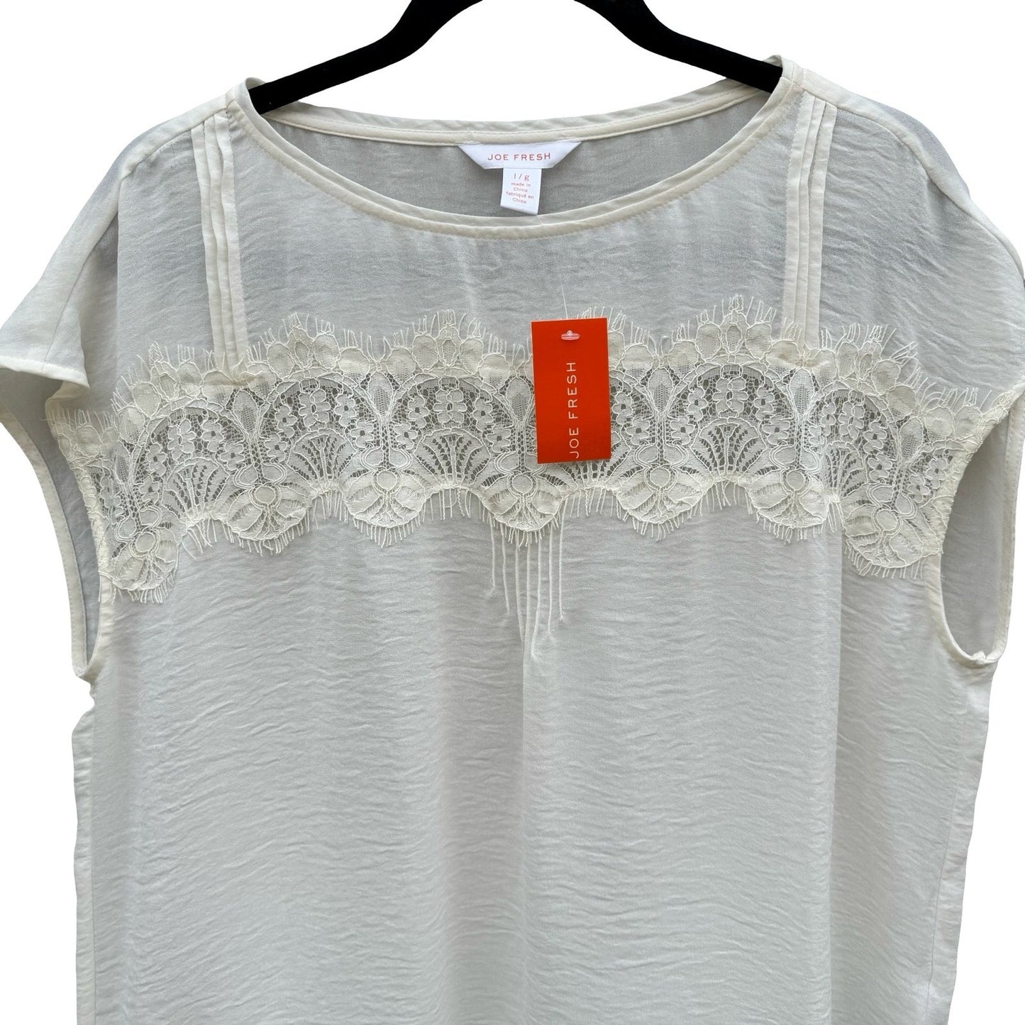 Joe Fresh Cream Lace Overlay Cap Sleeve Coquette Blouse Large Romantic Boho NEW