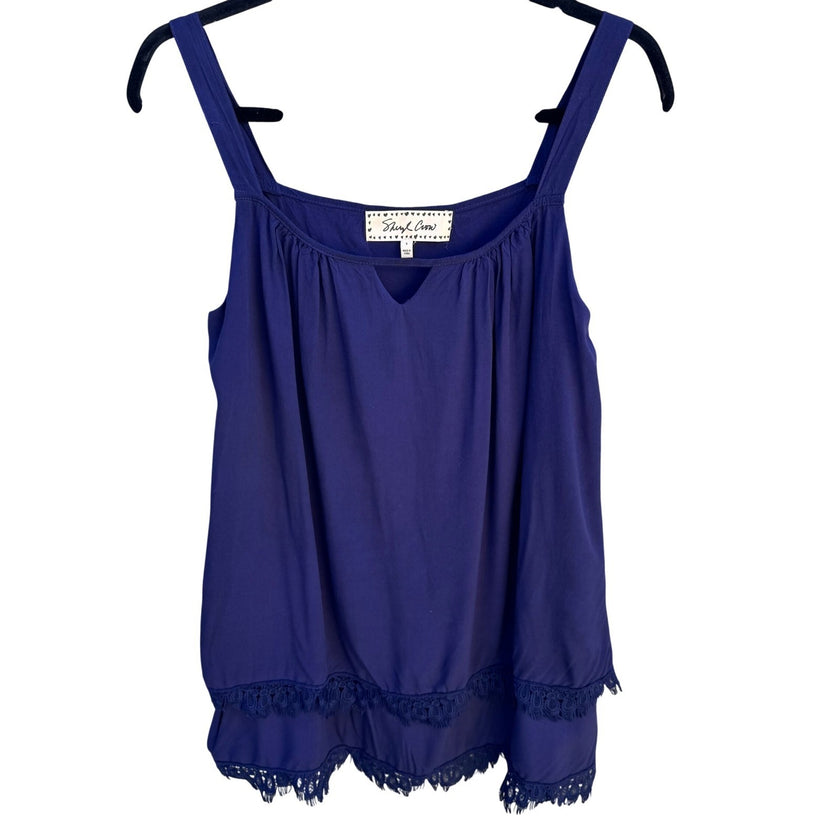 Sheryl Crow Navy Blue Crochet Lace Layered Hem Sleeveless Tank Top Womens Small