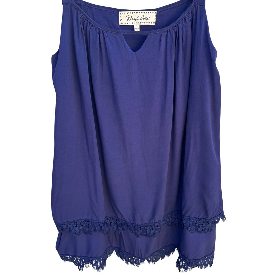 Sheryl Crow Navy Blue Crochet Lace Layered Hem Sleeveless Tank Top Womens Small
