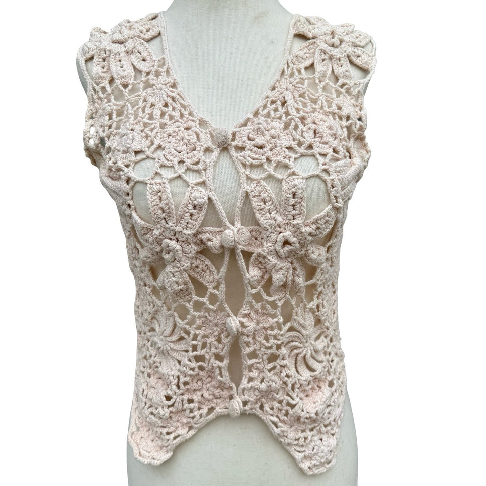 One Step Up Vintage Y2K Tan Crochet Floral Hand Knitted Vest OS Cottage Festival
