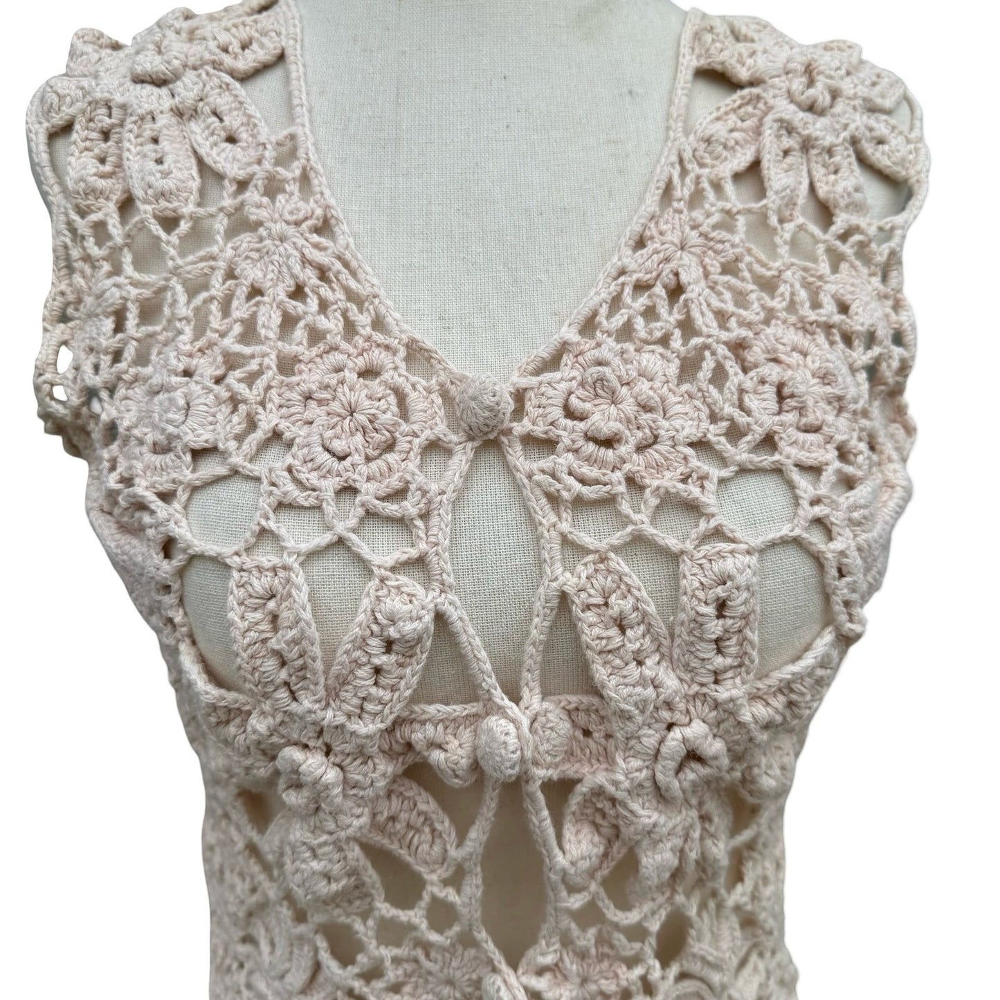 One Step Up Vintage Y2K Tan Crochet Floral Hand Knitted Vest OS Cottage Festival