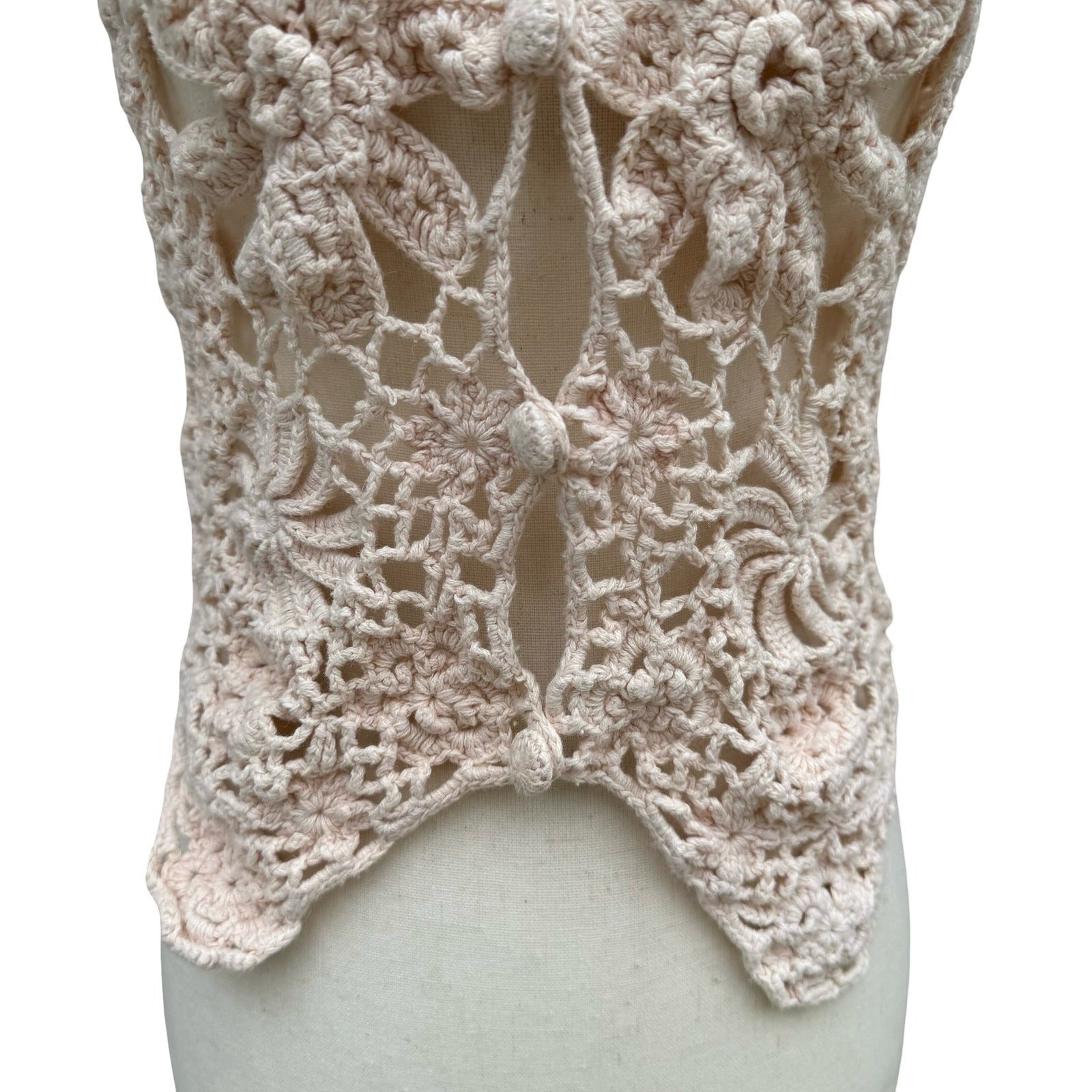 One Step Up Vintage Y2K Tan Crochet Floral Hand Knitted Vest OS Cottage Festival