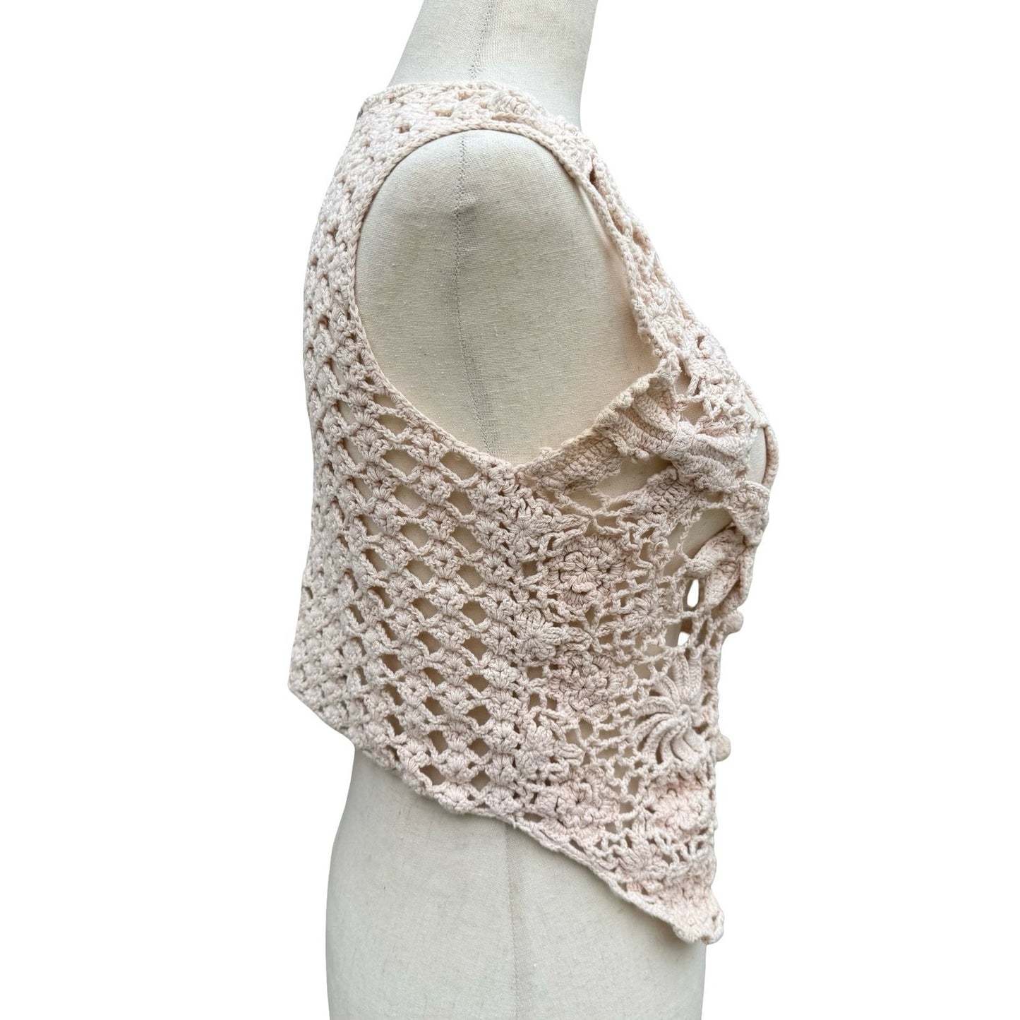 One Step Up Vintage Y2K Tan Crochet Floral Hand Knitted Vest OS Cottage Festival