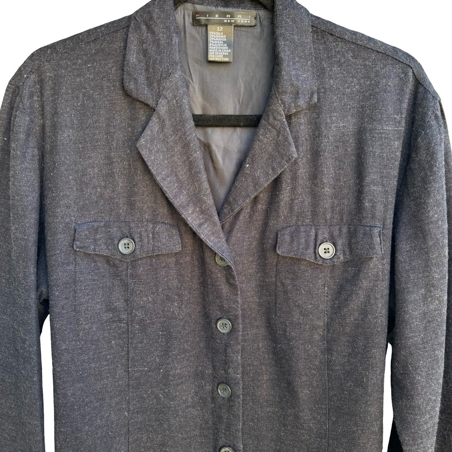 Pierri New York Silk Wool Blend Tailored Minimalist Jacket Charcoal Womens 12