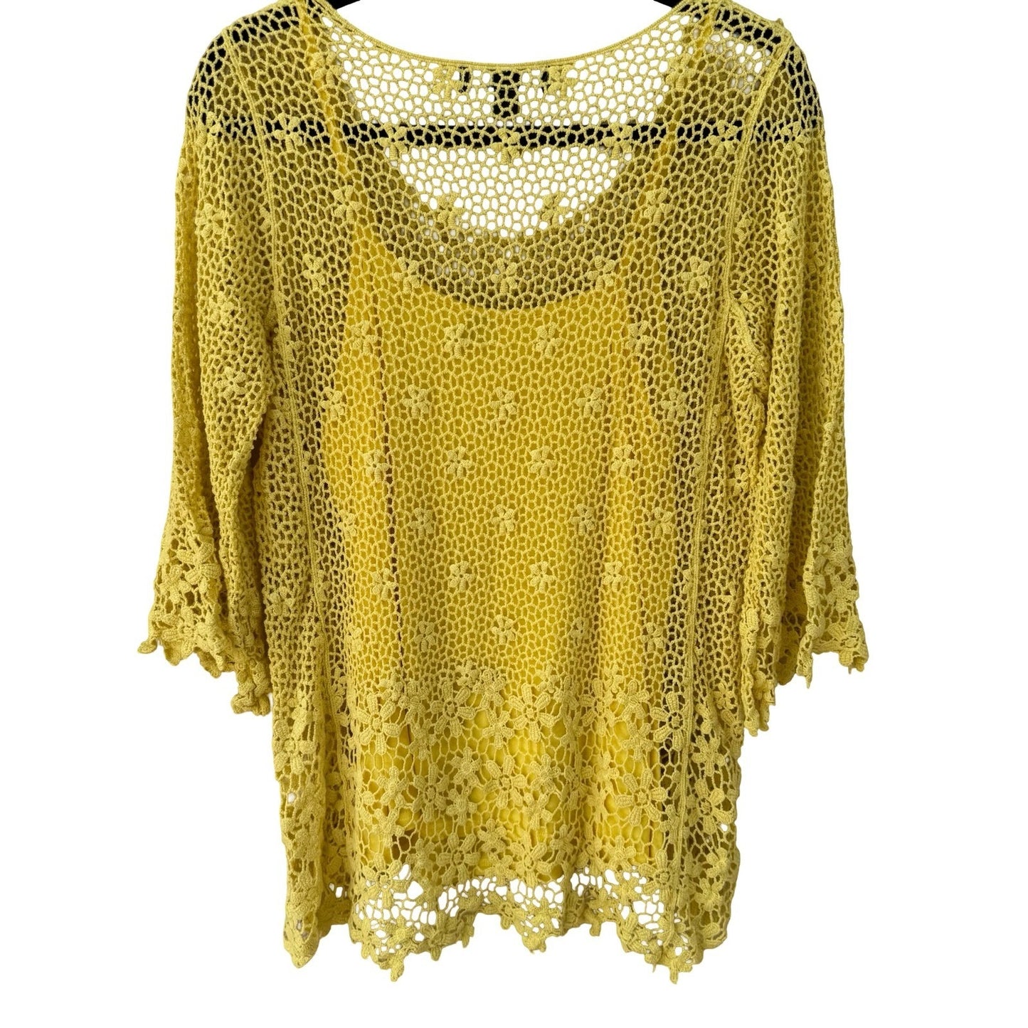 Midnight Velvet Yellow Floral Crochet Knit Top Cami Set Size Large Bell Sleeve
