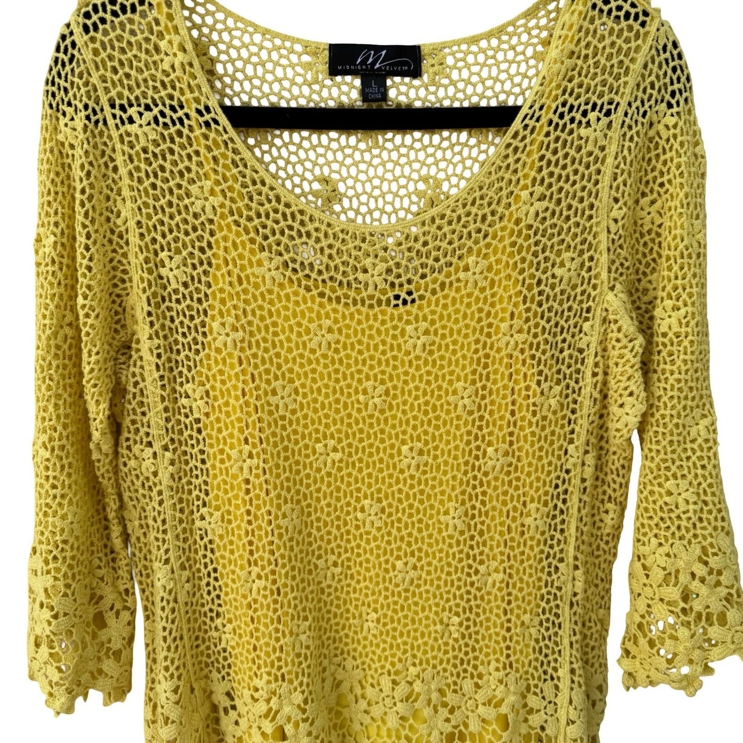 Midnight Velvet Yellow Floral Crochet Knit Top Cami Set Size Large Bell Sleeve