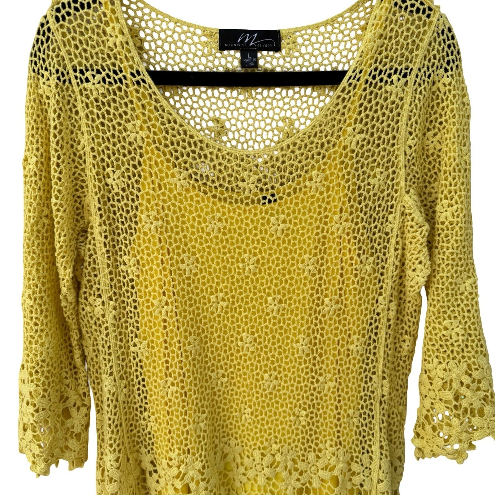 Midnight Velvet Yellow Floral Crochet Knit Top Cami Set Size Large Bell Sleeve