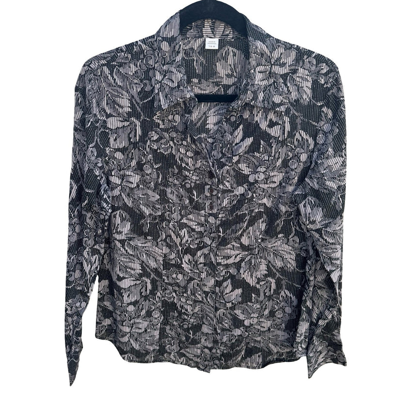 Coldwater Creek Womens S Black White Floral Cotton Button Down Shirt Minimalist