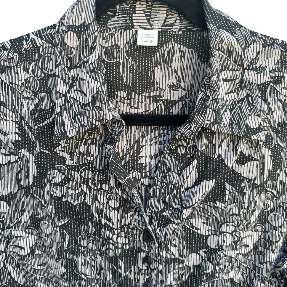 Coldwater Creek Womens S Black White Floral Cotton Button Down Shirt Minimalist
