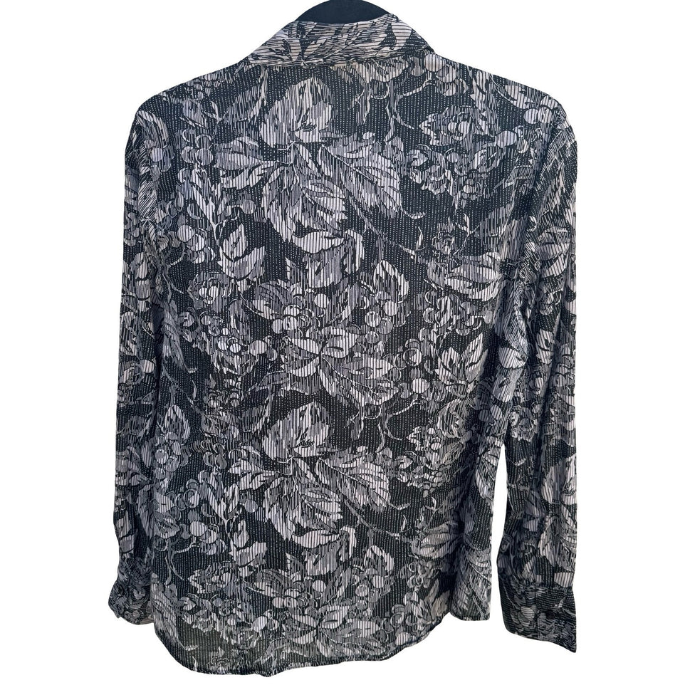 Coldwater Creek Womens S Black White Floral Cotton Button Down Shirt Minimalist