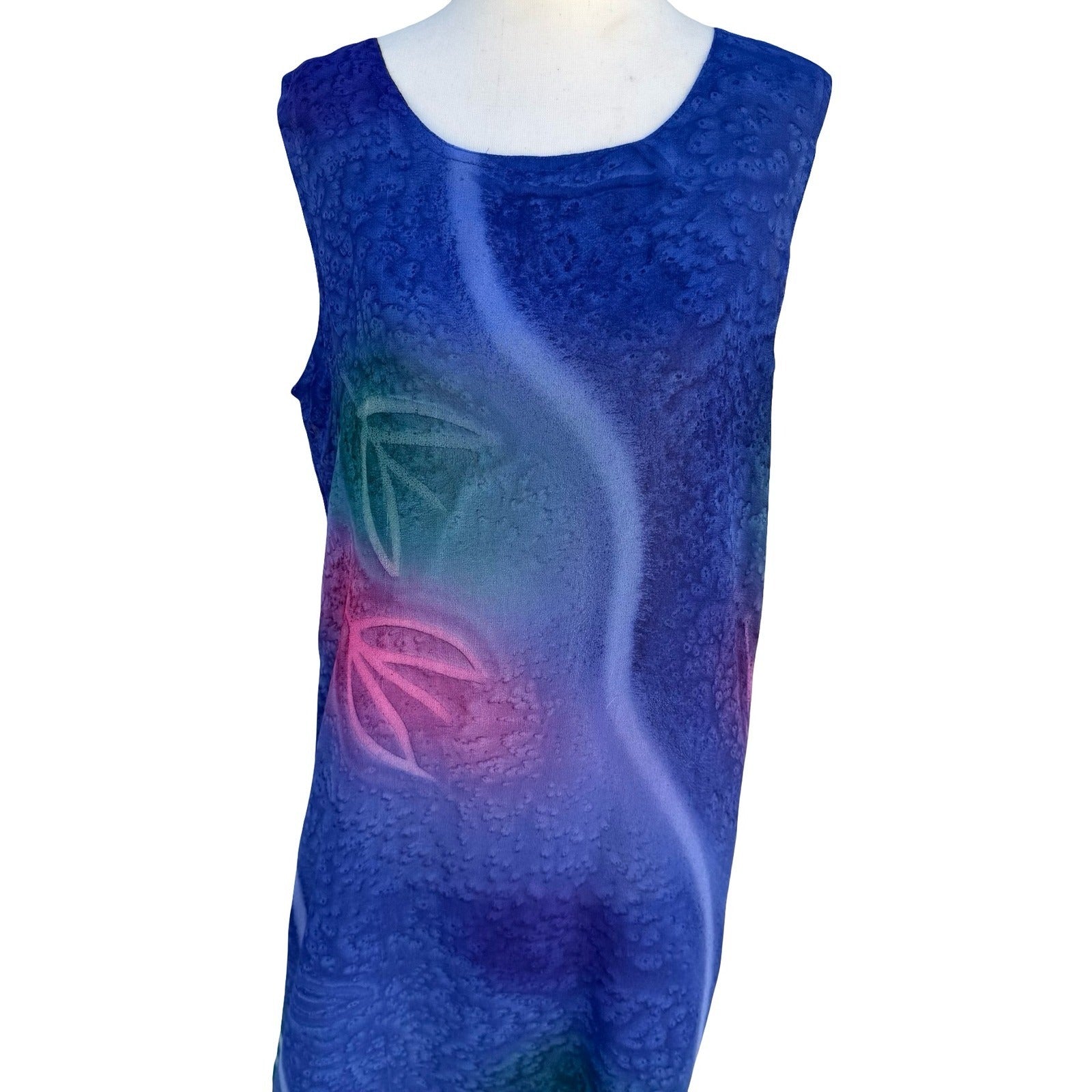 Magic Vintage Art To Wear Blue Batik Hand Painted Abstract Floral Maxi Dress M