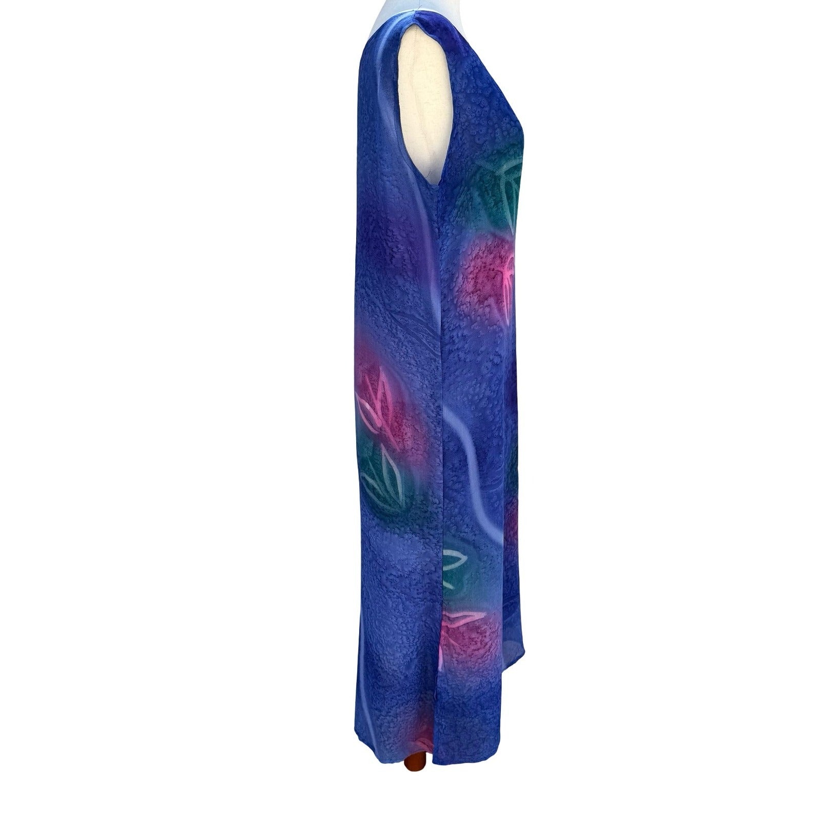 Magic Vintage Art To Wear Blue Batik Hand Painted Abstract Floral Maxi Dress M